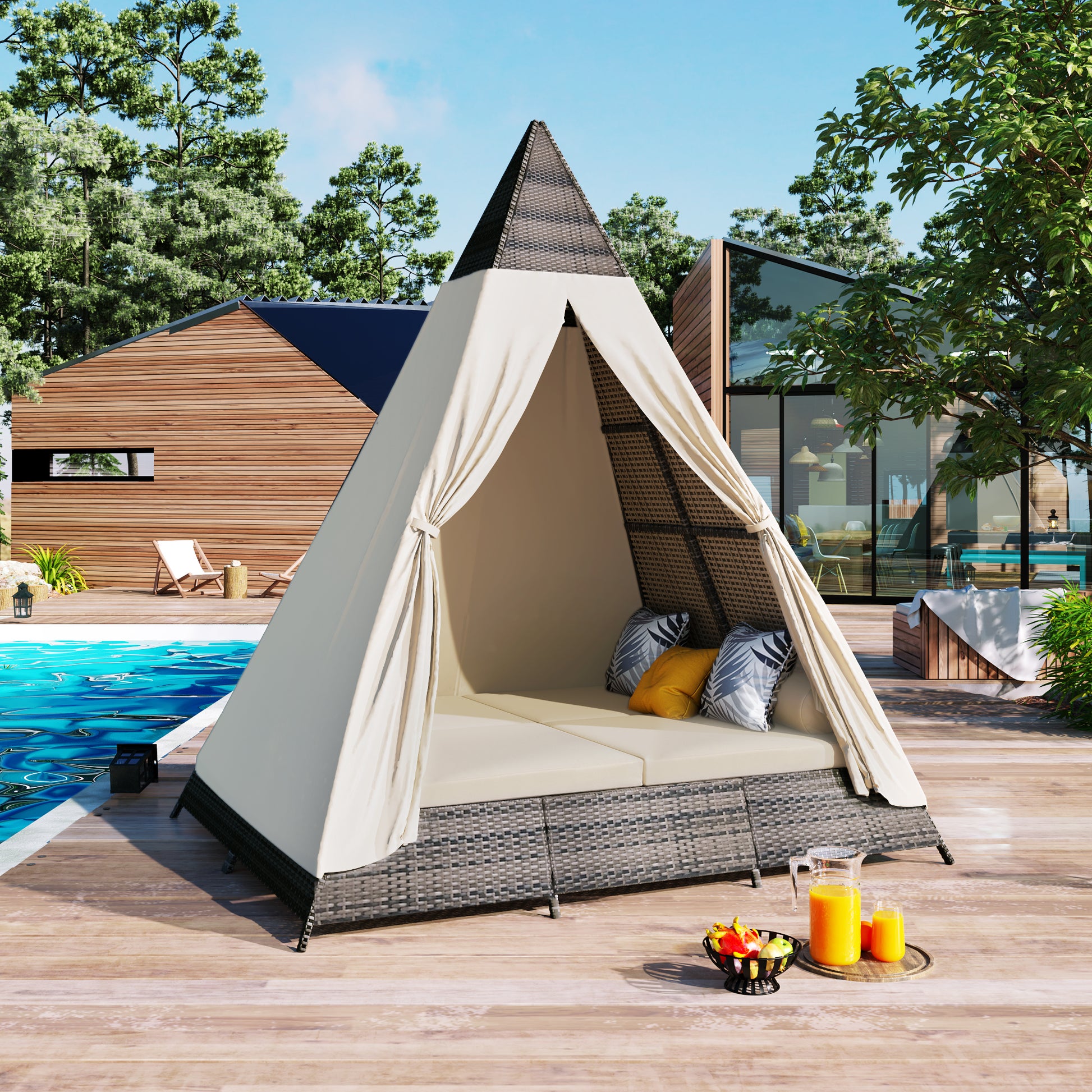 90.5" Length Outdoor Sunbed With Colorful Pillows, Wicker Patio Daybed With Cushions, Tent Shape, Brown And Beige Yes Beige Wicker