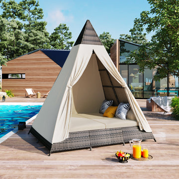 90.5" Length Outdoor Sunbed With Colorful Pillows, Wicker Patio Daybed With Cushions, Tent Shape, Brown And Beige Yes Beige Wicker