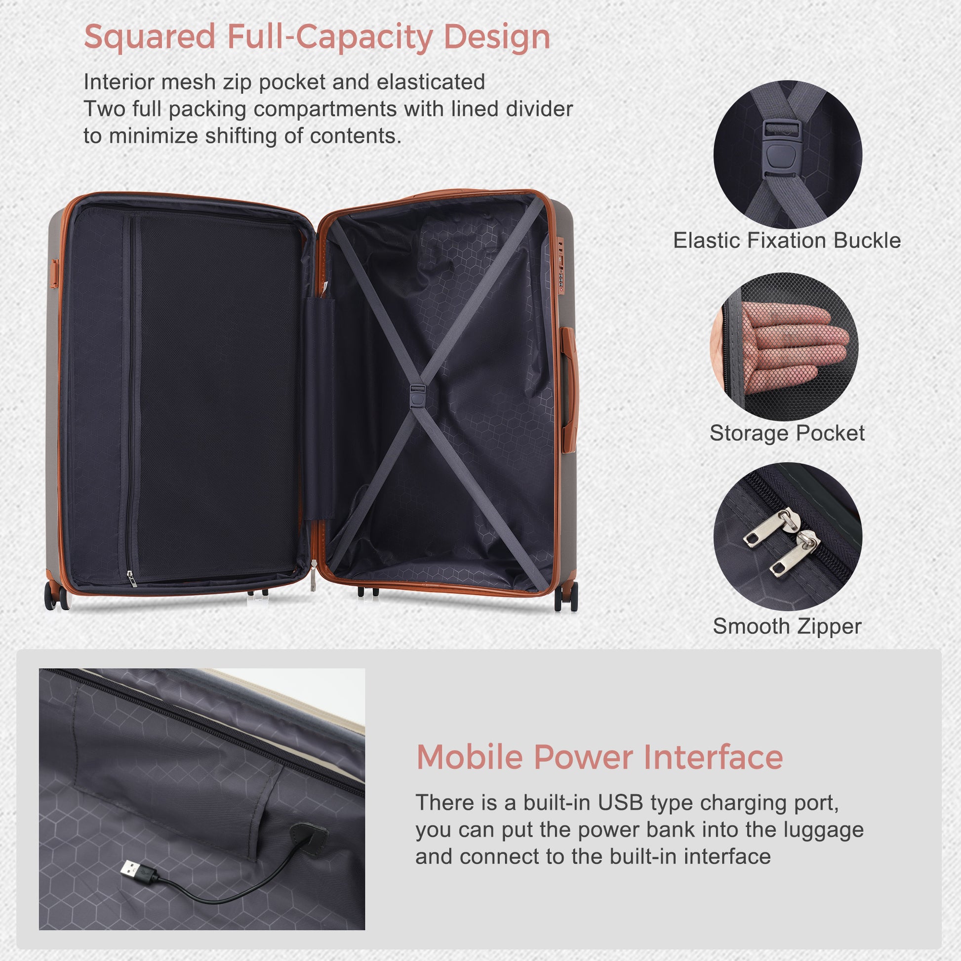 Luggage Sets 3 Piece Suitcase Set 20 24 28 With Usb Port,Carry On Luggage Airline Approved,Pp Lightweight Suitcase With Spinner Wheels, Brown Brown Polypropylene