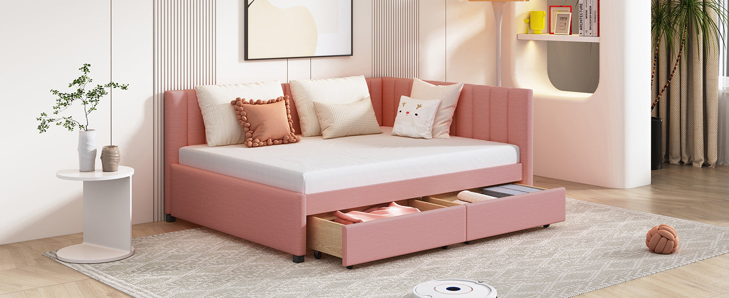 Full Size Upholstered Daybed With 2 Storage Drawers Sofa Bed Frame No Box Spring Needed, Linen Fabric Pink Full Pink Linen