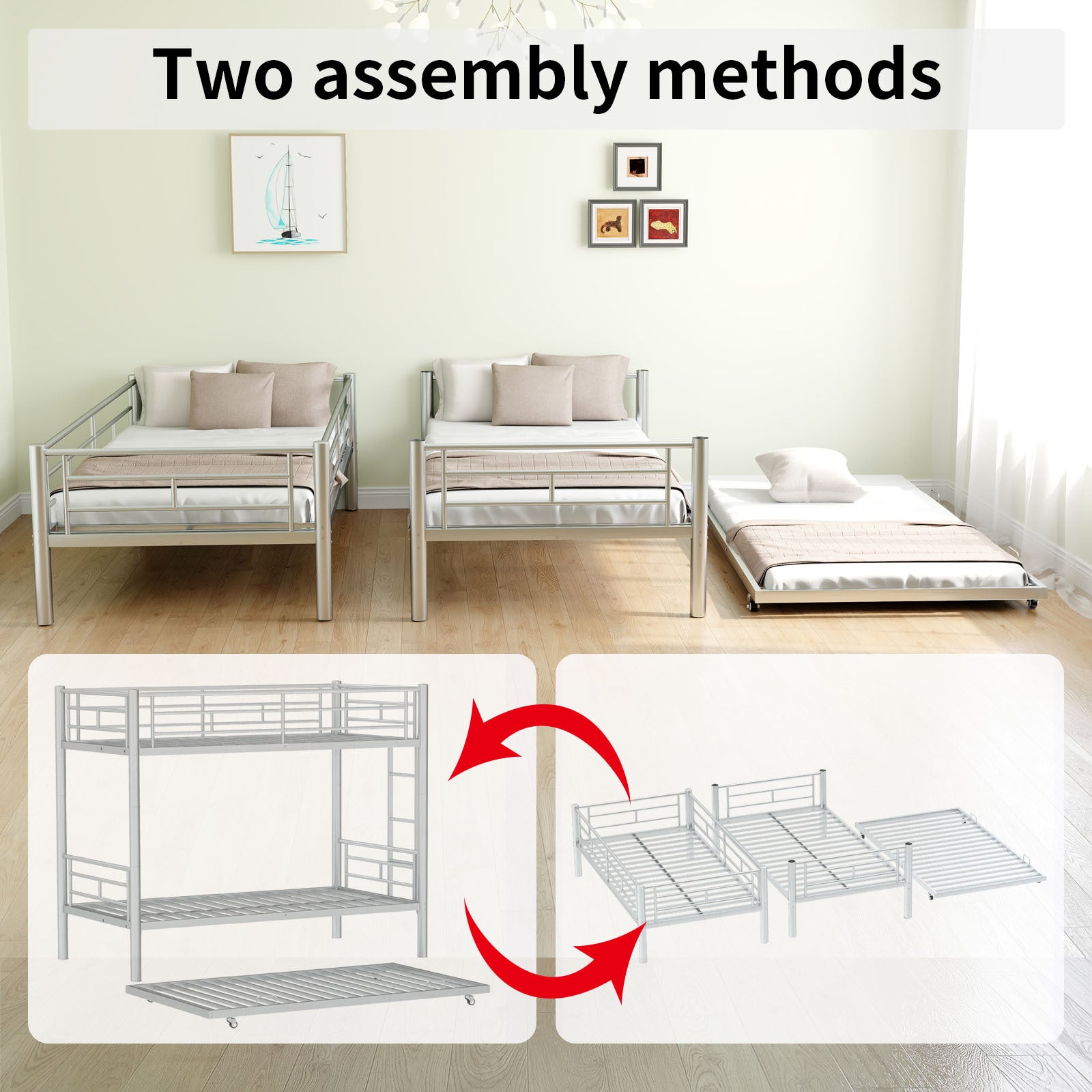 Heavy Duty Sturdy Meta Twin Over Twin With Trundle Bunk Bed L Noise Reduced Safety Guardrail No Box Spring Needed,Gray Silver Twin Gray Silver Metal