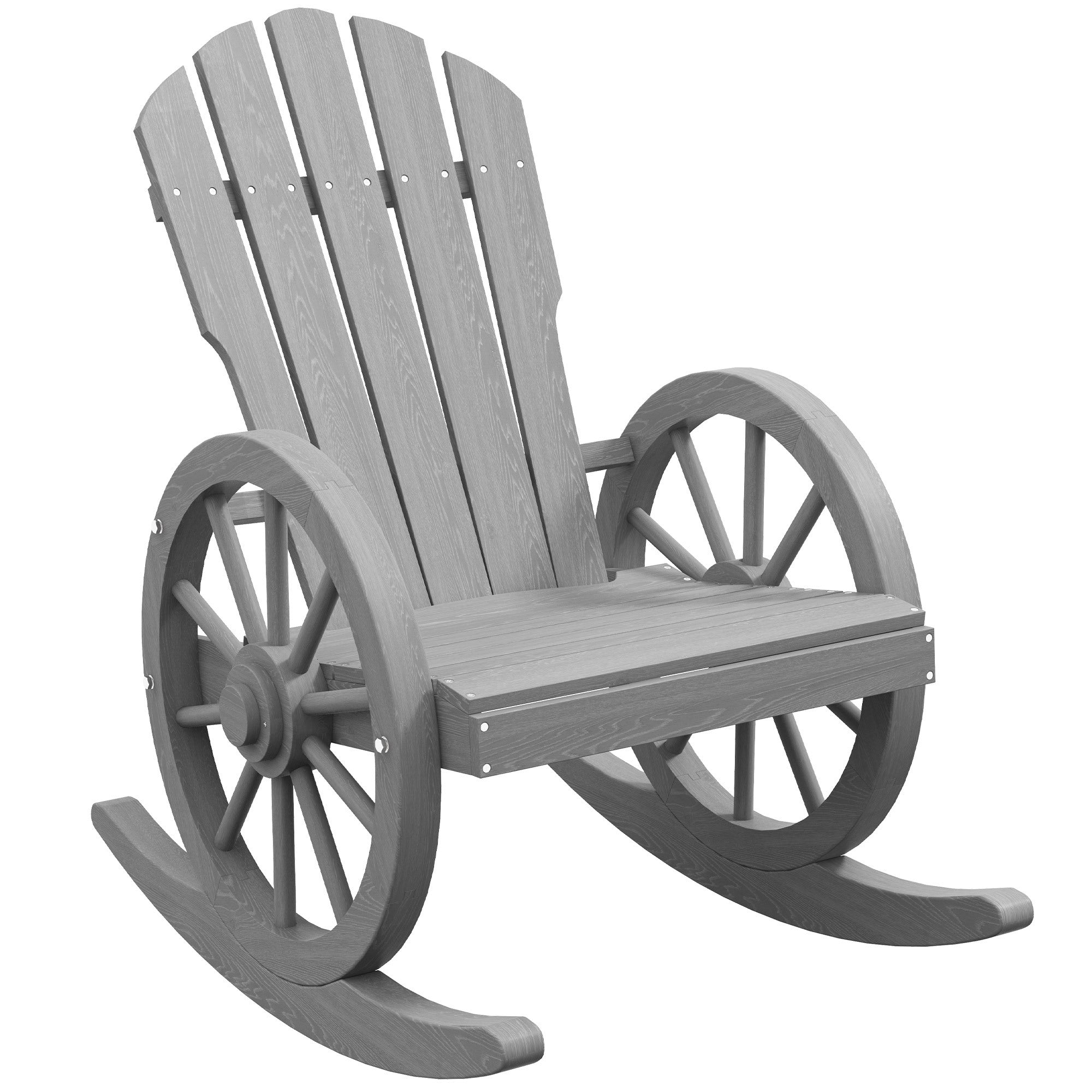 Outsunny Wooden Rocking Chair, Adirondack Rocker Chair W Slatted Design And Oversized Back, Outdoor Rocking Chair With Wagon Wheel Armrest For Porch, Poolside, And Garden, Gray Gray Wood