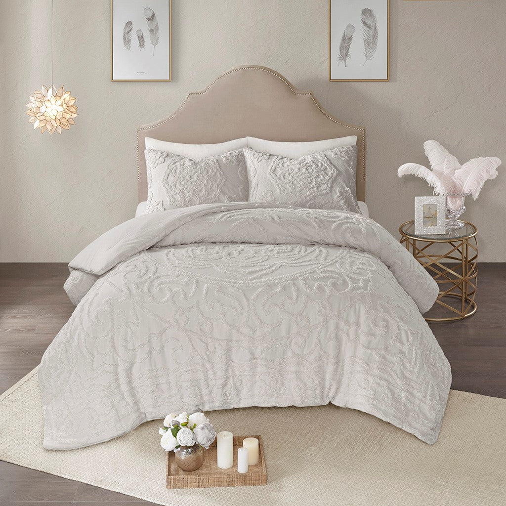 3 Piece Tufted Cotton Chenille Medallion Comforter Set Grey Full Queen Full Grey Cotton
