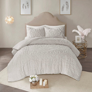 3 Piece Tufted Cotton Chenille Medallion Comforter Set Grey Full Queen Full Grey Cotton