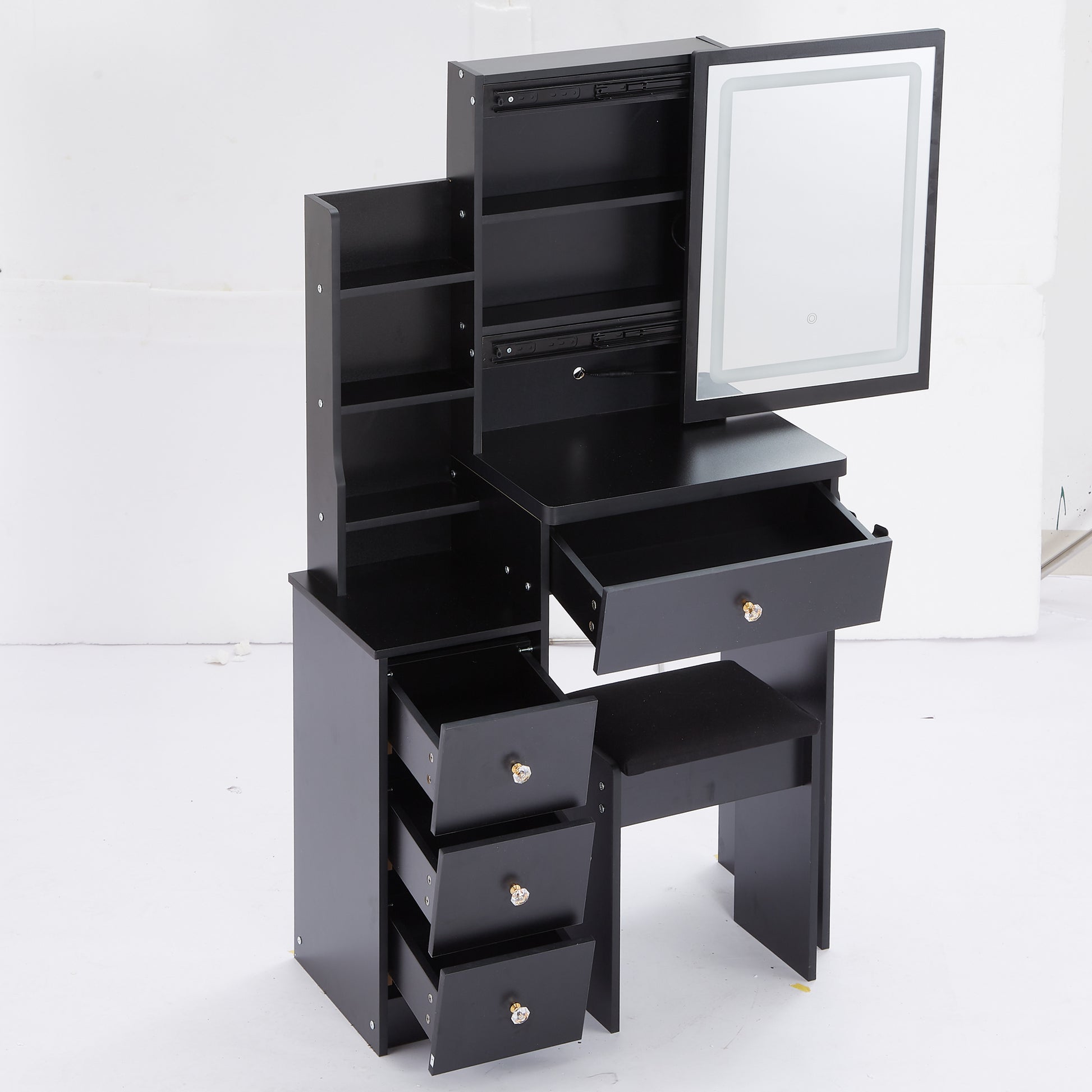 Small Size Left Bedside Cabinet Vanity Table Cushioned Stool, 2 Ac 2 Usb Power Station, Hair Dryer Bracket, Extra Large Touch Control Sliding Led Mirror, Tri Color Switching, Epa,Gcc,Ul Certificate