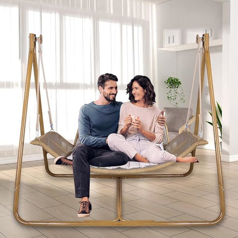 Hammock Swing Chair With Stand For Indoor,Outdoor, Anti Rust Wood Colored Frame 570 Lbs Capacity With Cushion Oversized Double Hammock Chair For Patio Balcony Bedroom Ban On Old W1132P155978 Gold Brown Rattan Metal