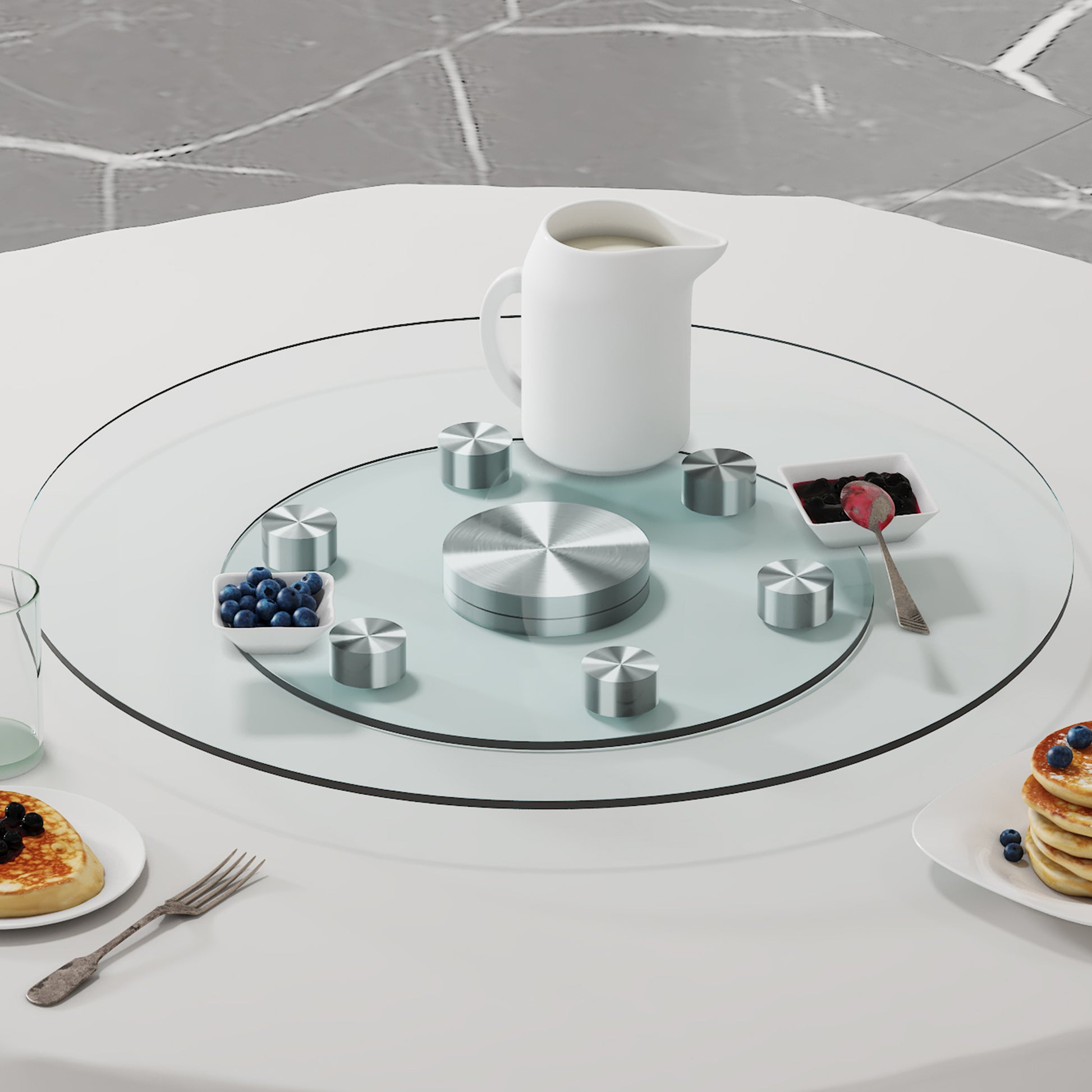 Double Layer Rotatable Round Glass.The Rotatable Design Makes It More Convenient To Retrieve And Place Items.The Upper Glass Has A Diameter Of 24 Inches, While The Lower Glass15 Inches. Transparent Glass