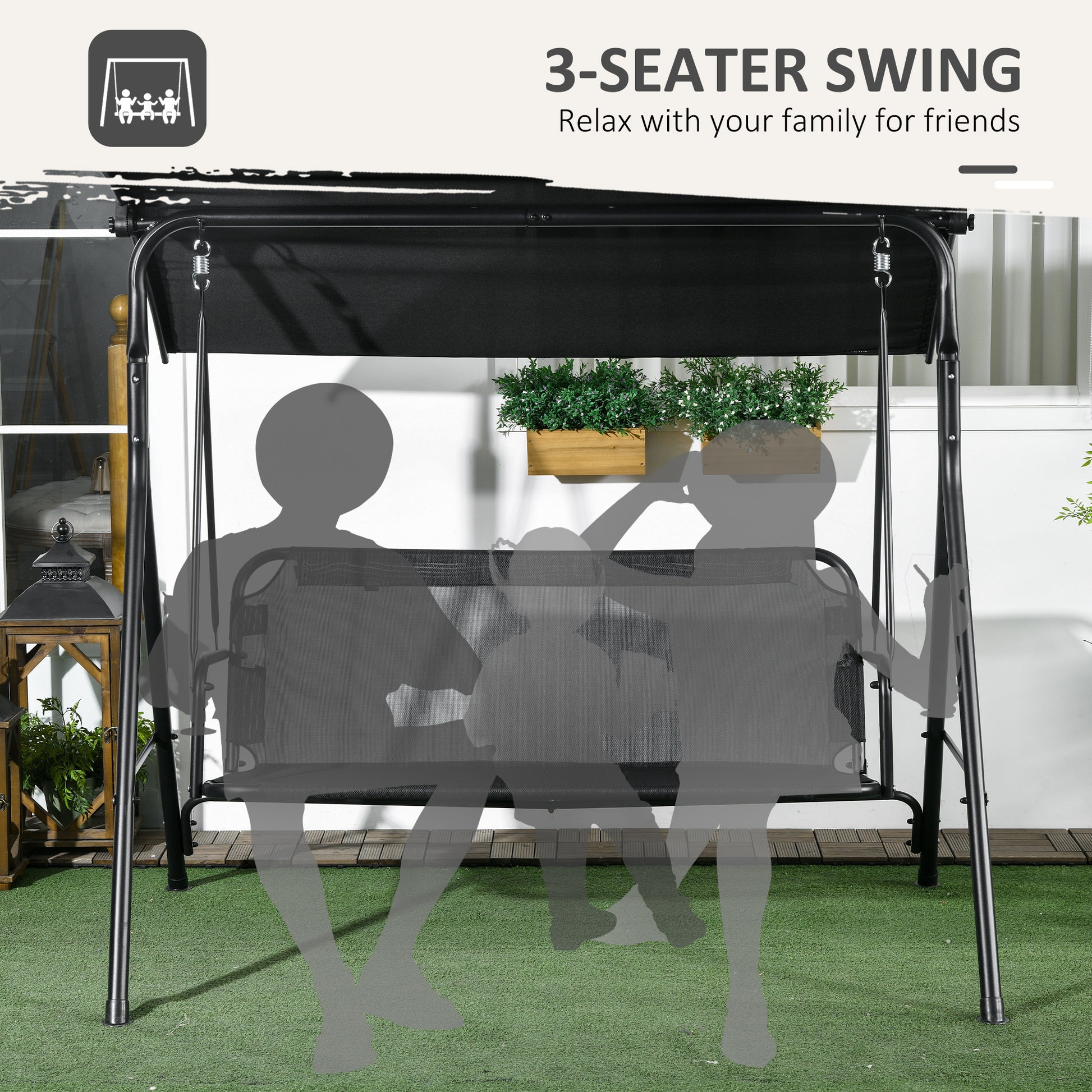 Outsunny 3 Seat Outdoor Patio Swing Chair With Removable Cushion, Steel Frame Stand And Adjustable Tilt Canopy For Patio, Garden, Poolside, Balcony, Backyard, Black 1 Black Steel