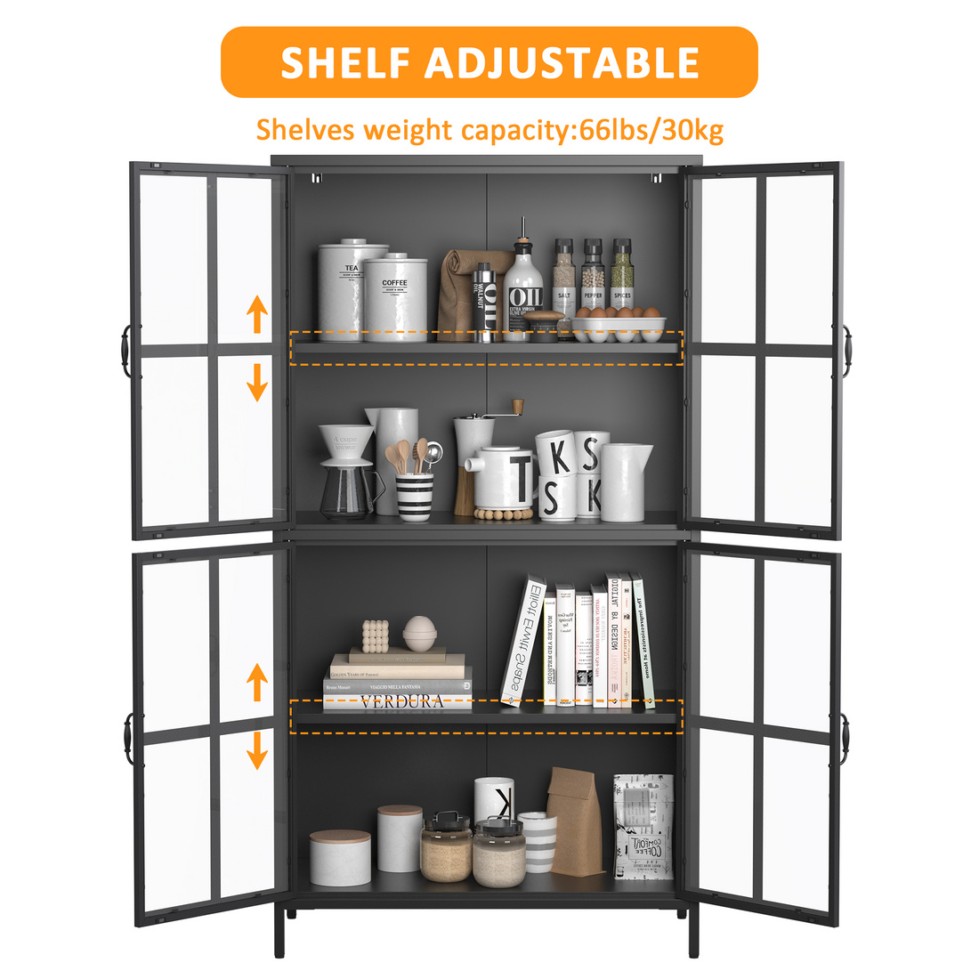 Premium Black Metal Storage Cabinet With Tempered Glass Doors, Adjustable Shelves, Anti Tipping Device, Magnetic Silent Closure, And Adjustable Feet For Home And Office Use Accent Chests 3 4 Spaces