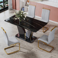 Table And Chair Set,Modern Rectangular Dining Table, 0.4 Inch Thick, With A Black Imitation Marble Pattern Glass Desktop And Black Mdf Legs. Comfortable Pu Seats,Perfect For Dinner, Meet. Grey Black Seats 4 Mdf Glass