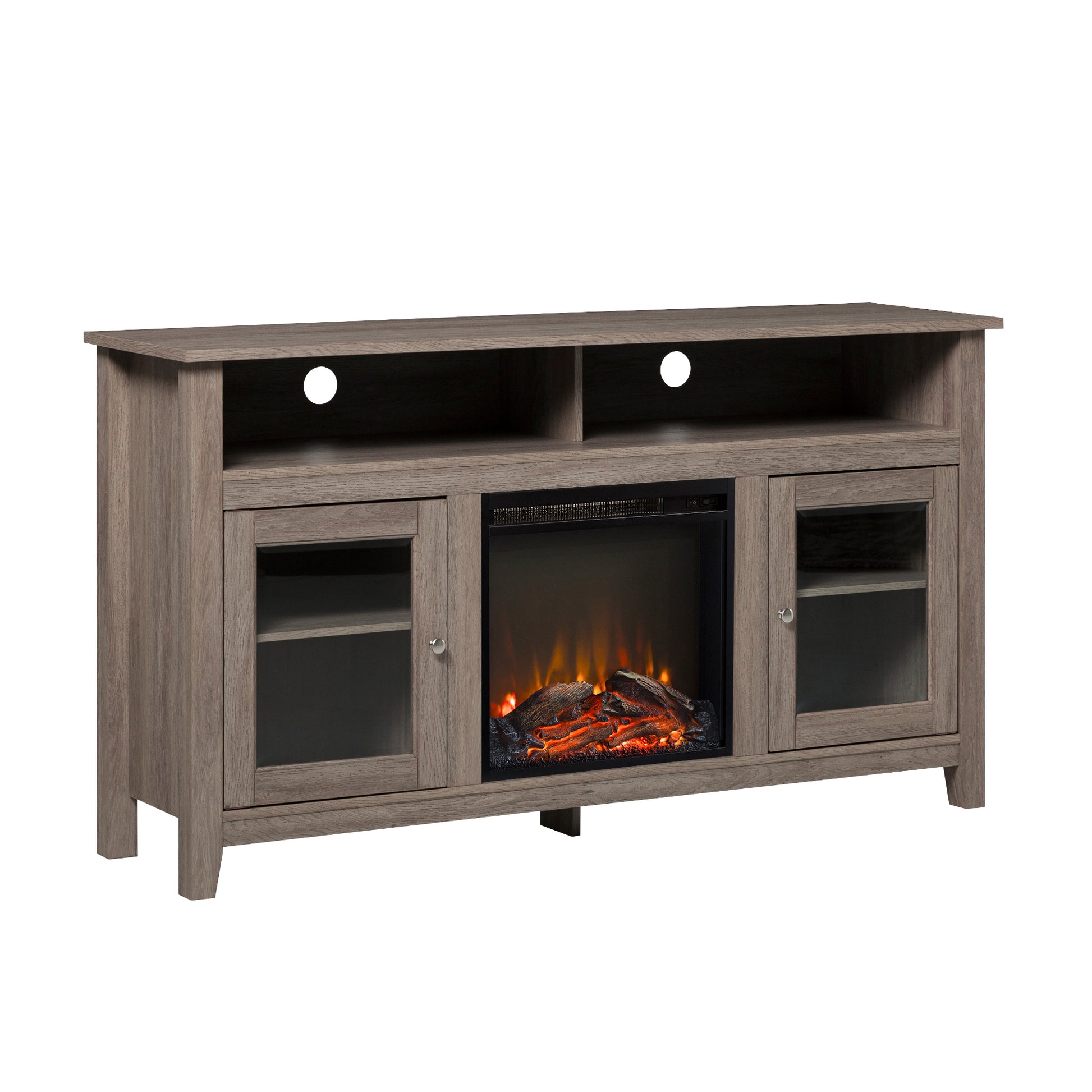 Classic Glass Door Fireplace Tall Tv Stand For Tvs Up To 65" Driftwood Reclaimed Barnwood Mdf