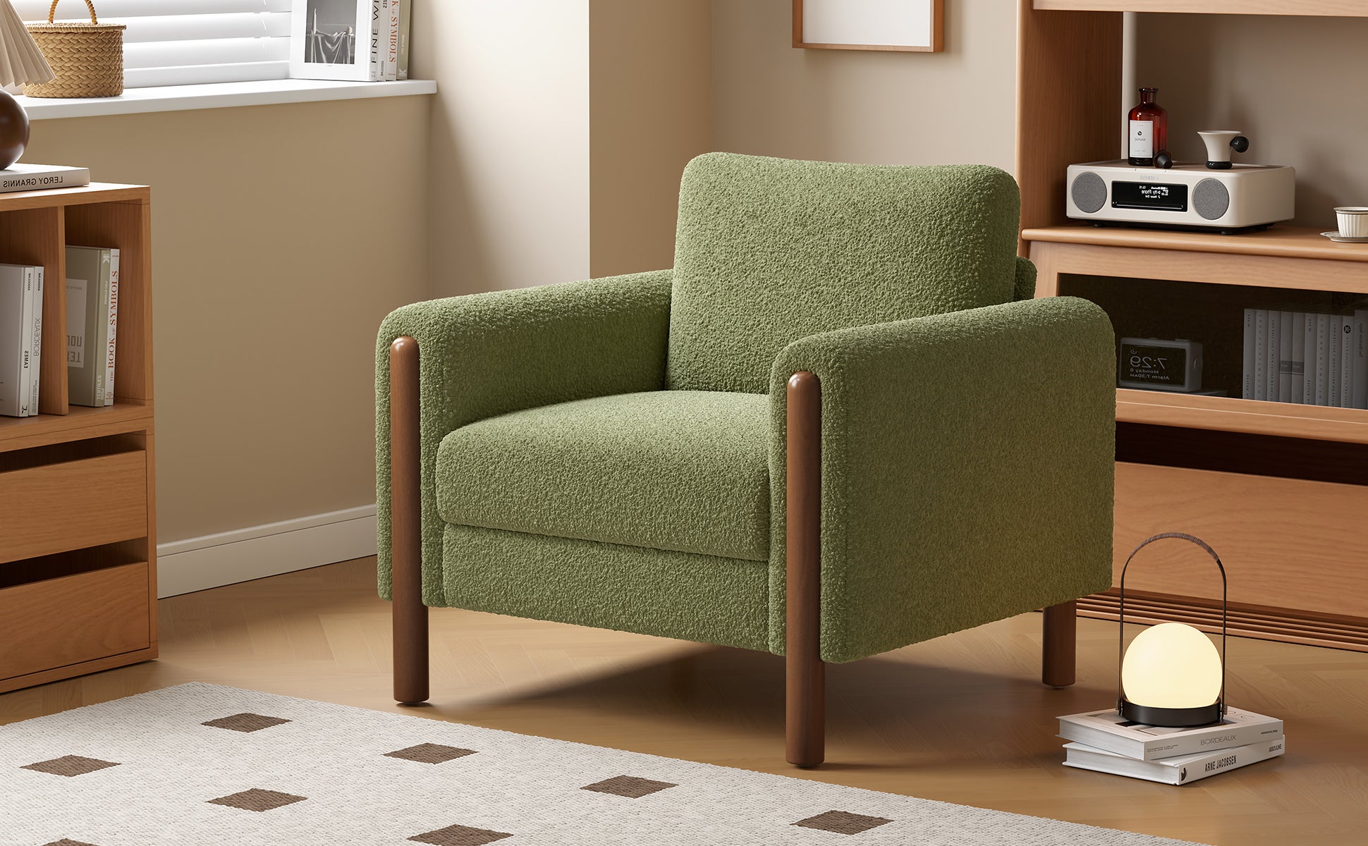 Oversized Accent Chair, Upholstered Living Room Chairs Single Sofa Chair With Walnut Legs, Curved Handrail, Green Green Teddy
