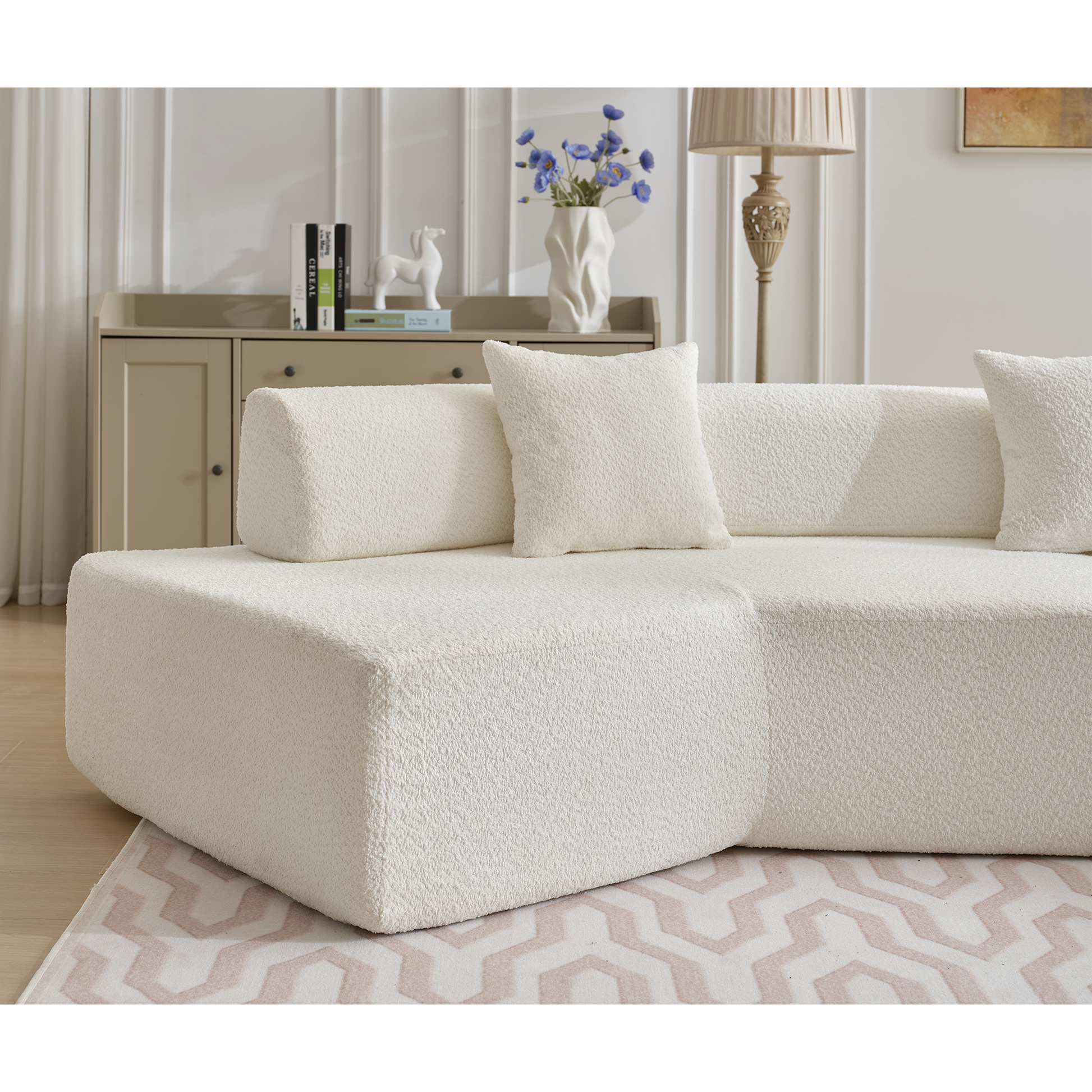 Arrived Modern Minimalist 140" L Shape Couch ,No Assembly Required,Boucle,Modular Sofa ,Couch With Chaise,Free Combination Foam Filled Sofa, 4 Seats,White White Polyester Primary Living Space Soft Modern Foam Polyester 4 Seat