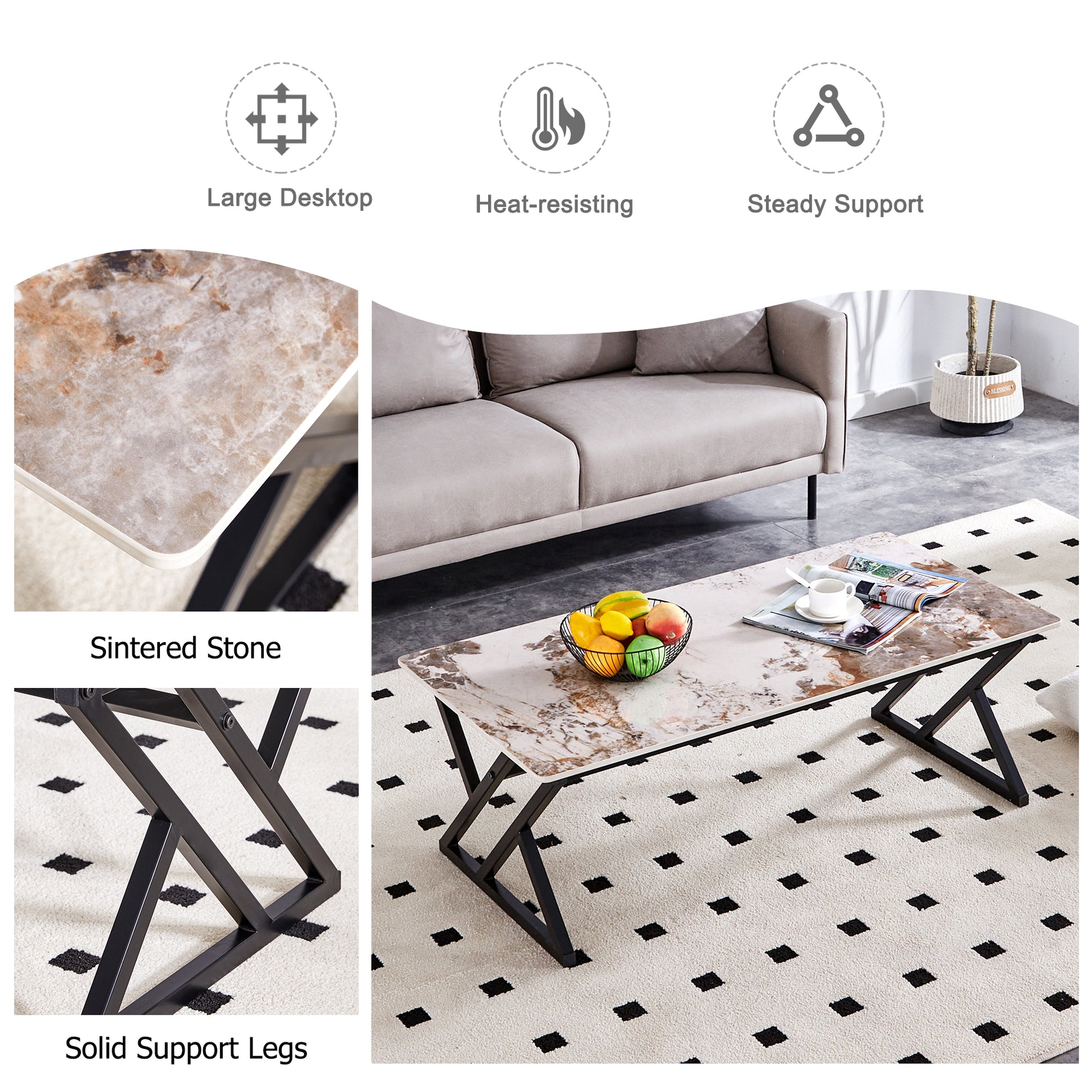 A Modern Minimalist Style Marble Patterned Coffee Table With Black Metal Legs. Computer Desk. Game Table. Tea Table. Ct Xx White Black Sintered Stone