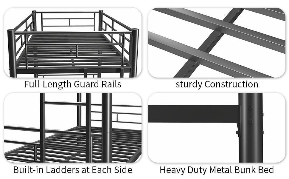 Heavy Duty Sturdy Meta Twin Over Twin Bunk Bed L Noise Reduced Safety Guardrail No Box Spring Needed,Black Twin Black Metal