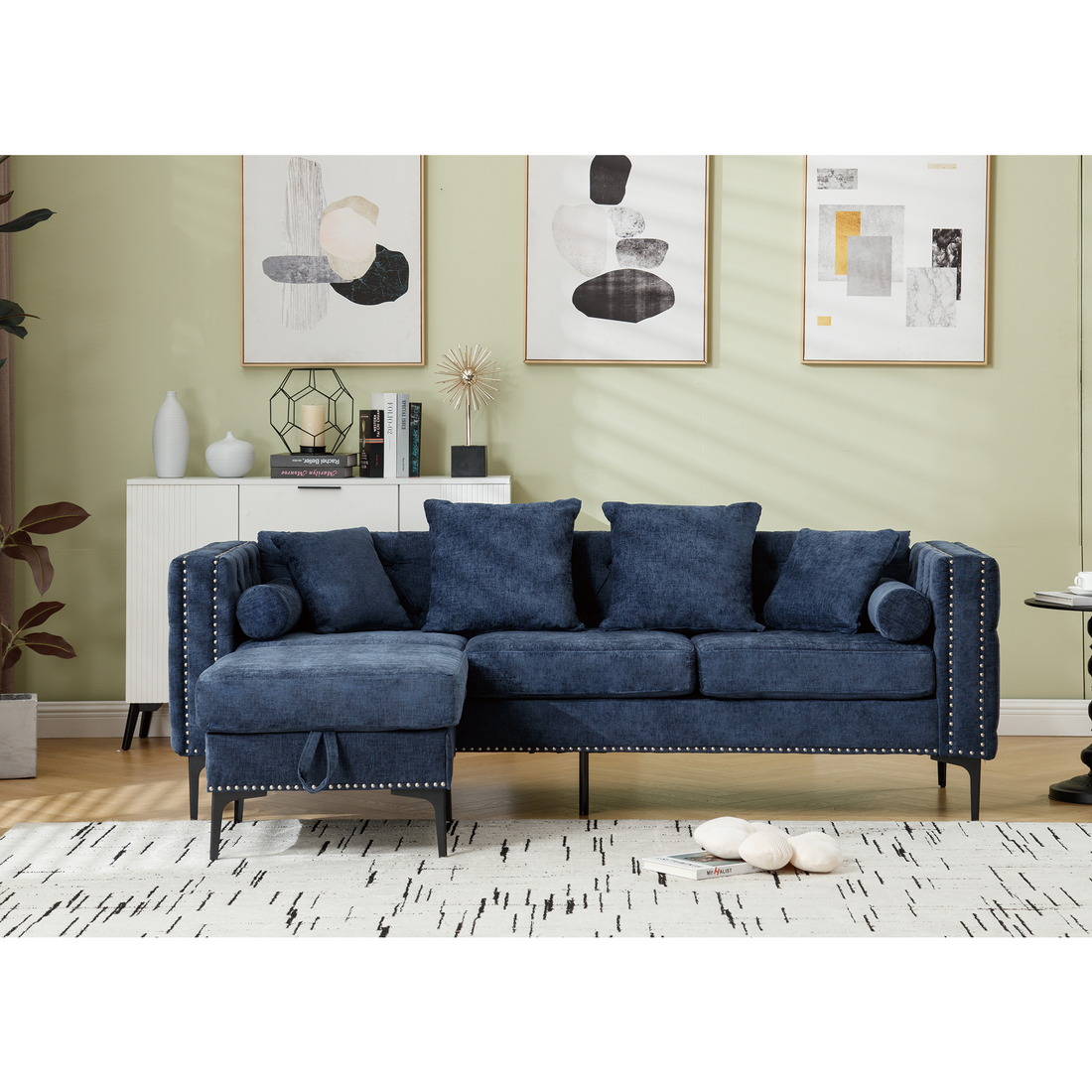Arrived L Shaped Sectional Sofaconvertible Storage Ottoman,Chenille ,Square Arm, Modern Tufted Couch ,3 Seater, And Nailhead,Blue Blue Polyester Wood Primary Living Space Medium Soft Tufted Back Modern Square Arms Metal & Wood 4 Seat
