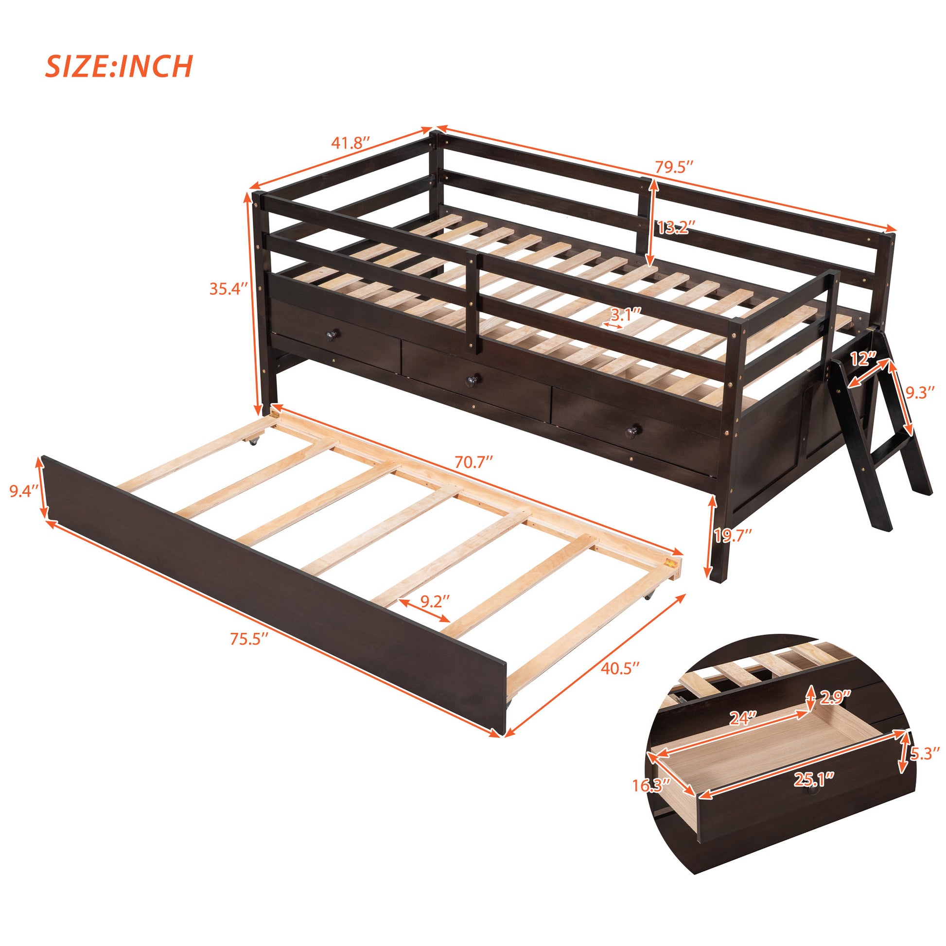 Low Loft Bed Twin Size With Full Safety Fence, Climbing Ladder, Storage Drawers And Trundle Espresso Solid Wood Bed Espresso Solid Wood