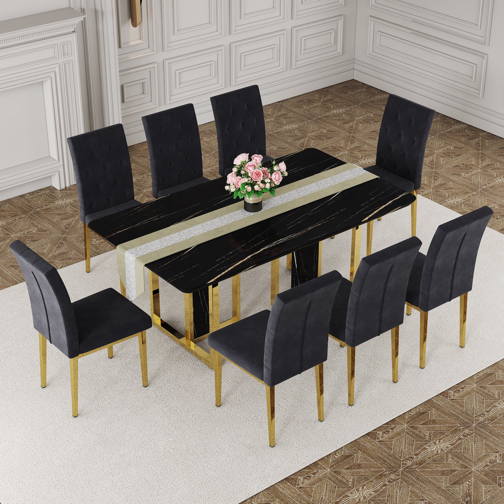 Table And Chair Set.Morden Luxurious Black Rectangular Patterned Dining Table With Glass Tabletop.Paried With 8 Dining Chairs, Modern Kitchen Upholstered High Backrest, Metal Leg. Black Gold Seats 8 Mdf Glass
