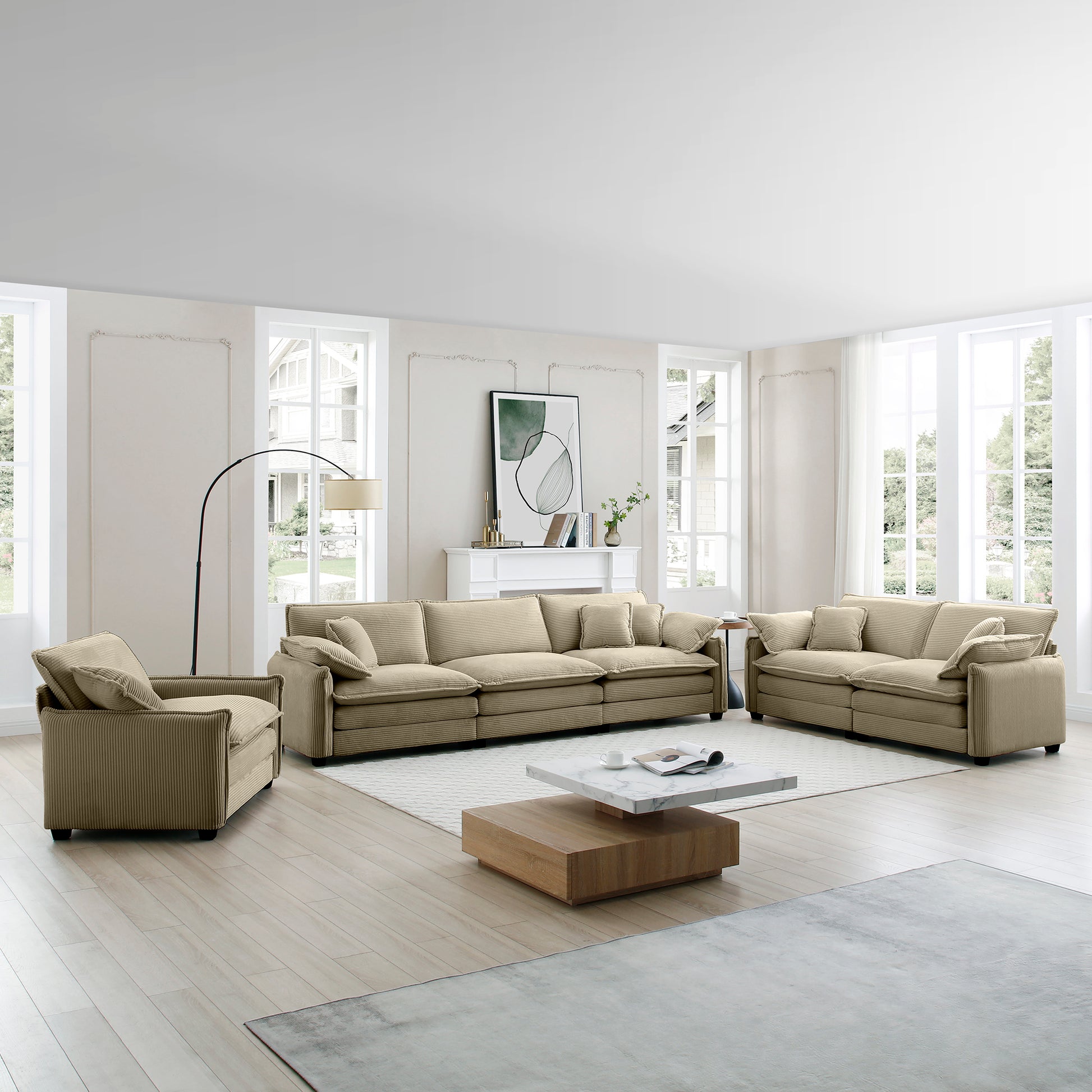 3 Piece Comfortable Oversized Sectional Sofa, One Single Sofa And One 2 Seater Sofa And One 3 Seater Sofa ,Tan Corduroy Deep Seat Sofa Tan Corduroy 6 Seat