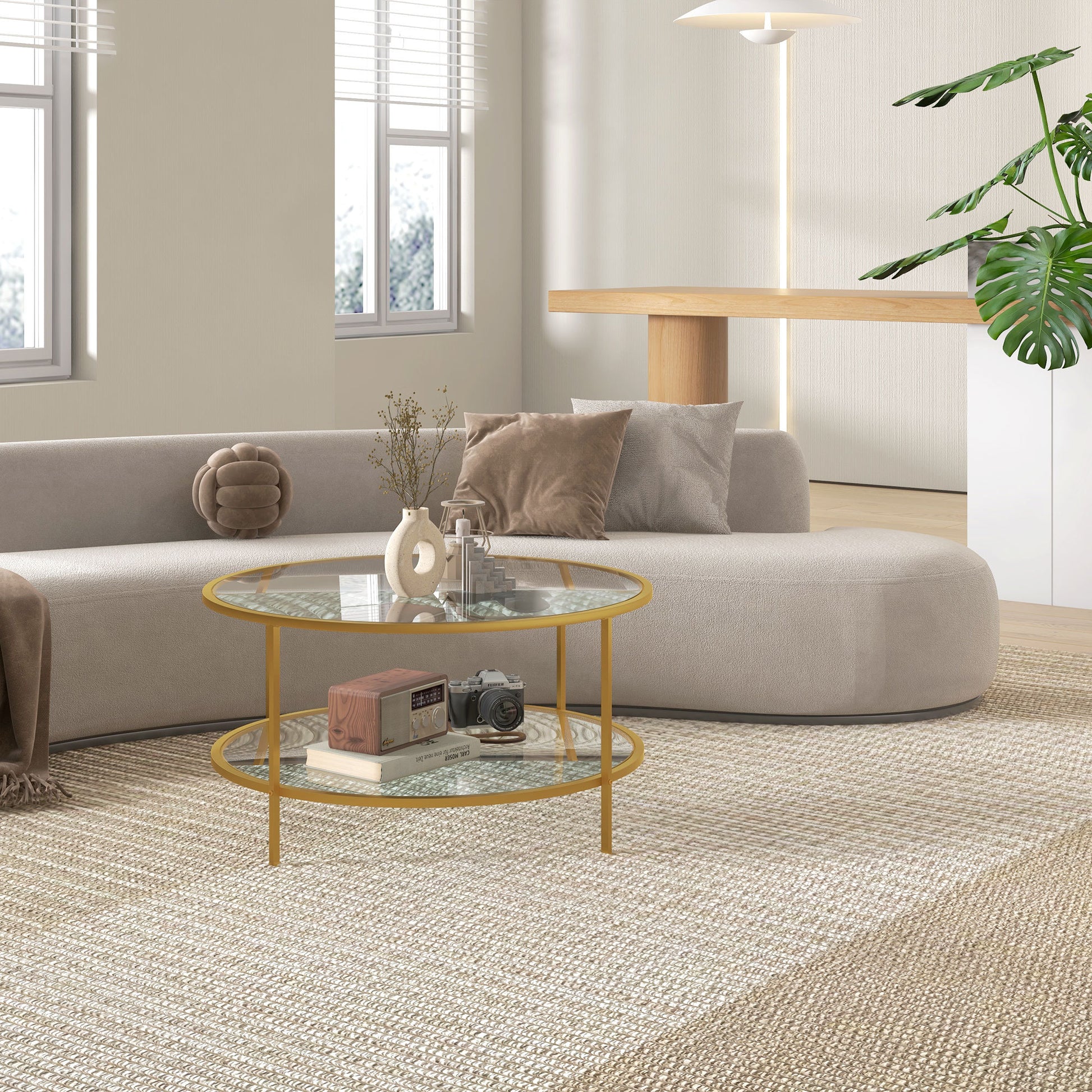 Homcom Side Table With Storage, 32" Round End Table, 2 Tier Tempered Glass Coffee Table With Steel Frame For Living Room, Gold Gold Glass Metal