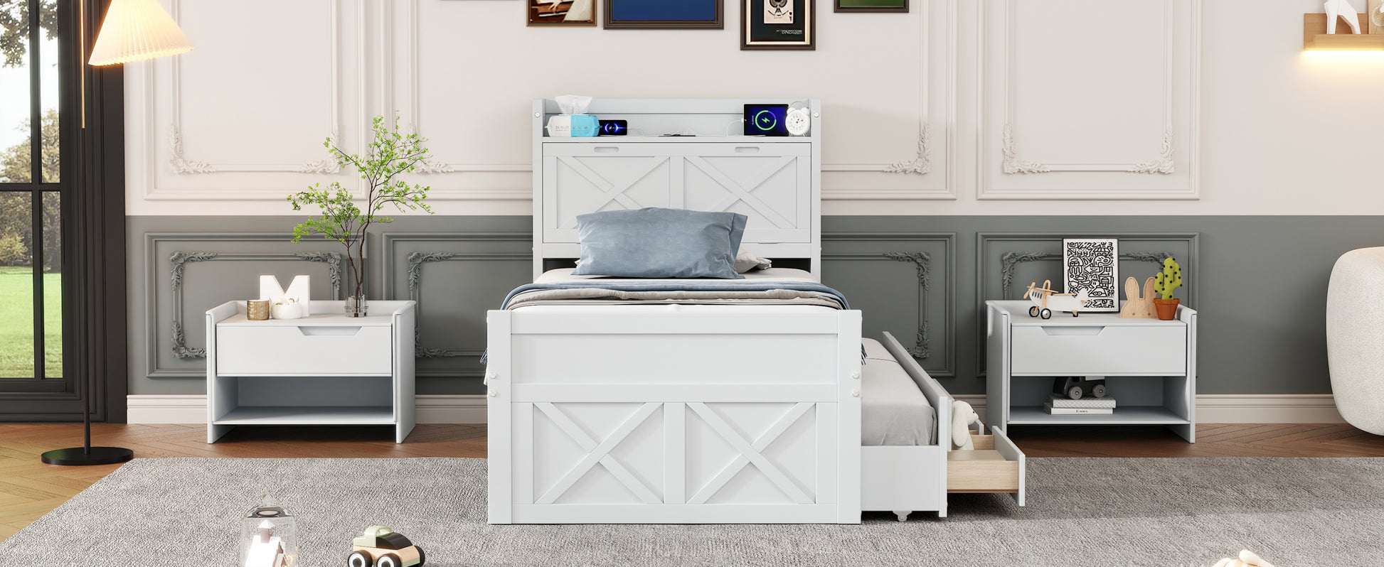 Twin Size Wooden Bed With Storage Headboard With Outlets, Extendable Bed With Twin Size Trundle With Three Storage Drawers,White Twin White Wood