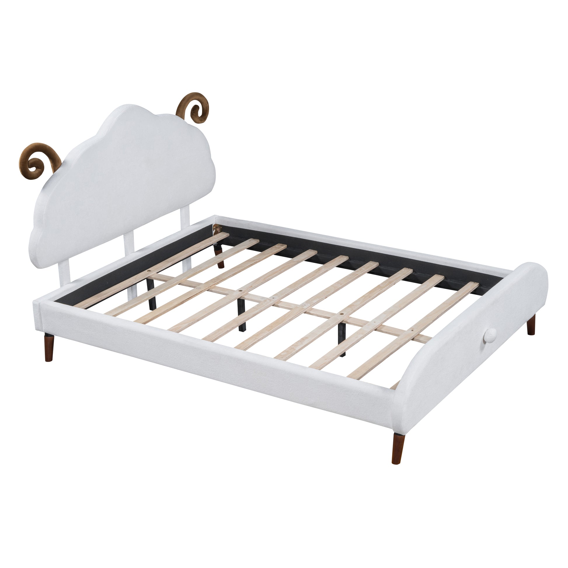 Full Size Upholstered Platform Bed With Sheep Shaped Headboard, White Full White Plywood