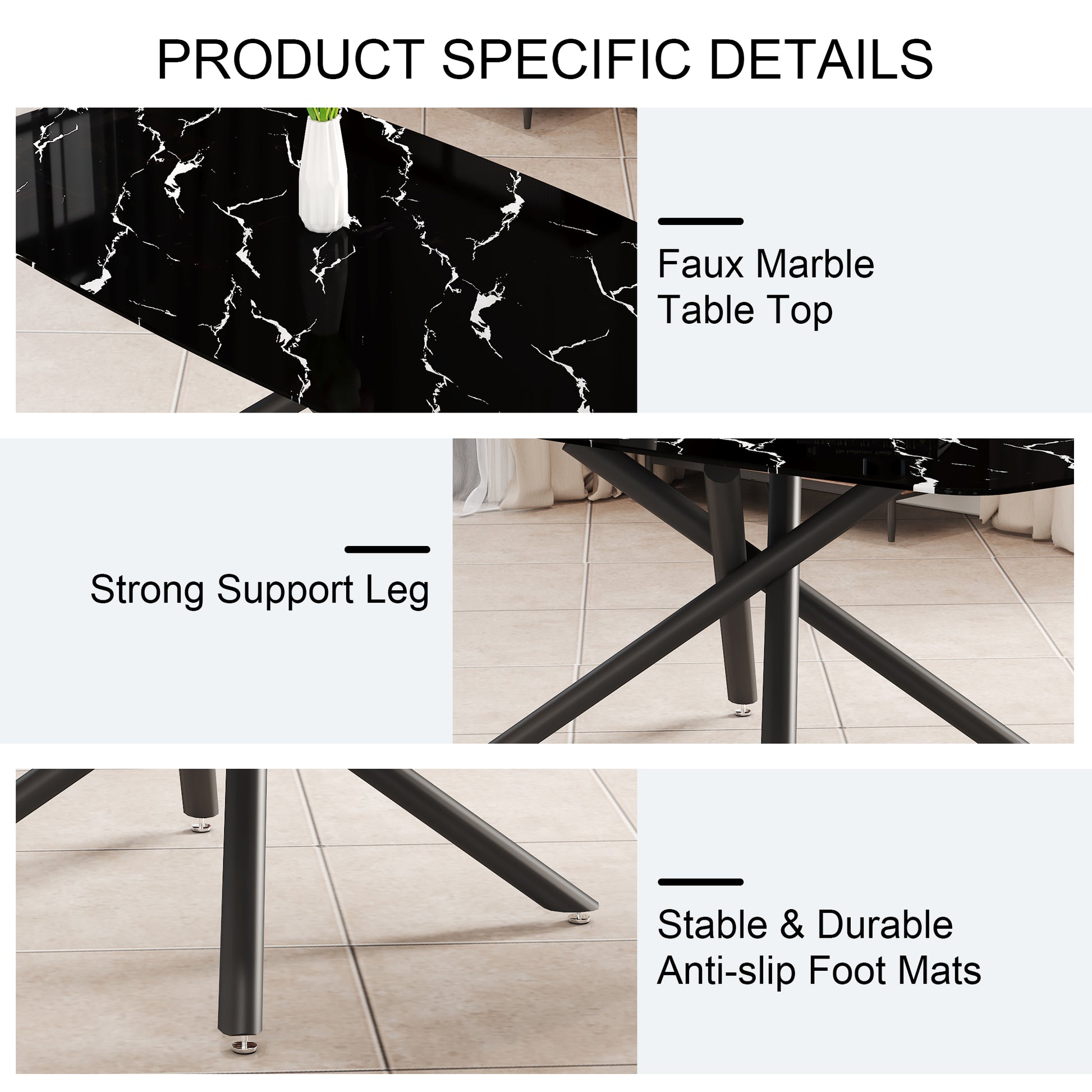 Large Modern Minimalist Rectangular Dining Table With 0.39 "Imitation Marble Black Tabletop And Black Metal Legs, Suitable For Kitchen, Dining Room, Living Room, Conference Room, And Banquet Hall 1537 Black Glass Metal