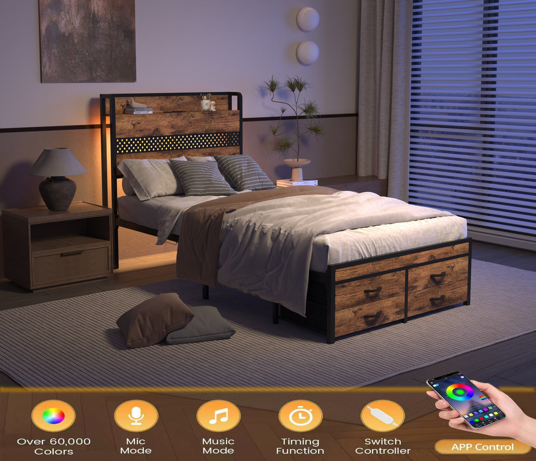 Twin Bed Frames With Headboard, Twin Size Bed Frames With Storage Drawers, Twin Bed, Black Metal Platform Bed Frame, Single Bed Frame, No Box Spring Needed Black Mdf Metal