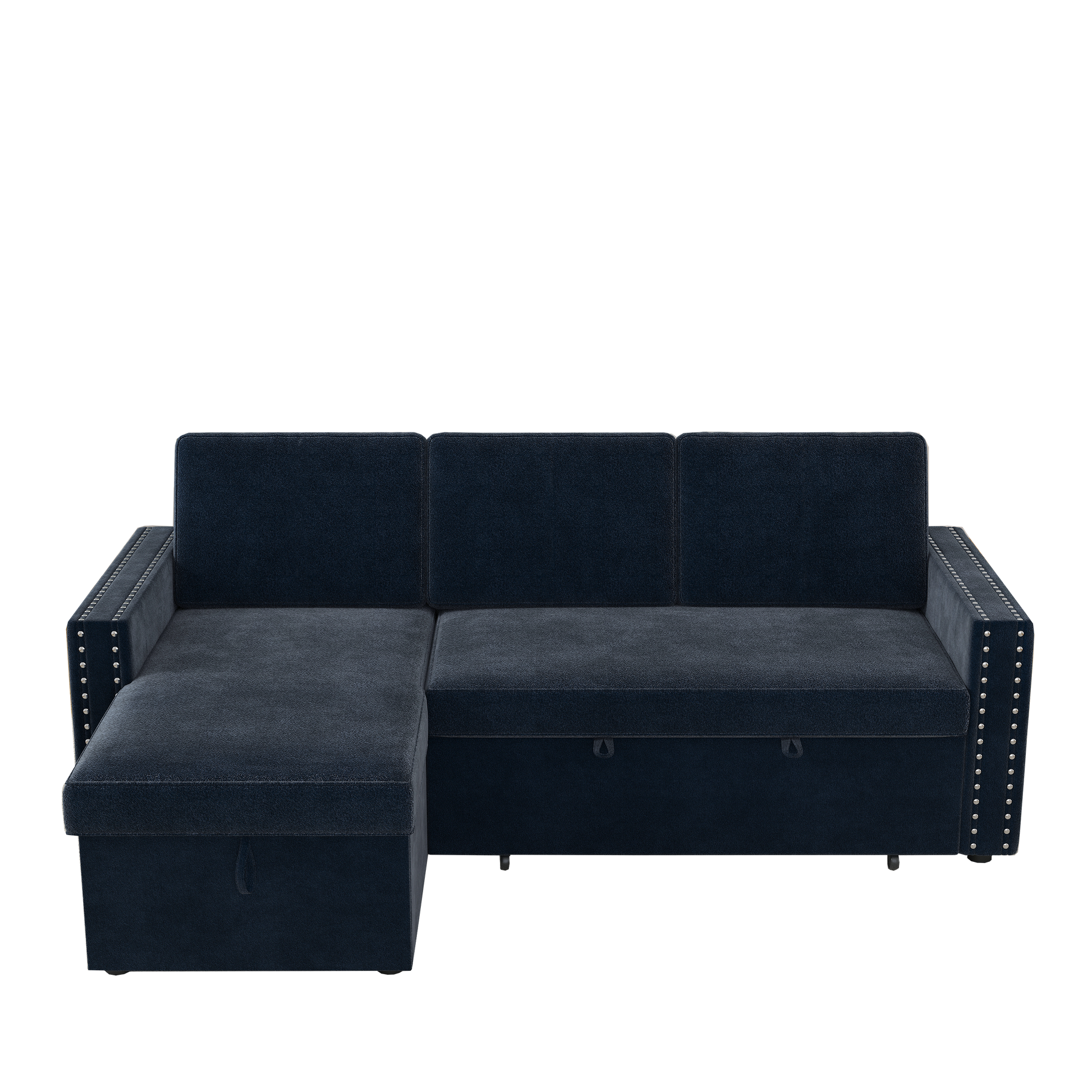 85 Inches Sofa Bed, 3 Seater Sleeper Sofa With Storage Chaise, Square Handrail With Pull And Copper Nail,Chenille, Pull Out Couch For Living Room Blue Chenille 3 Seat