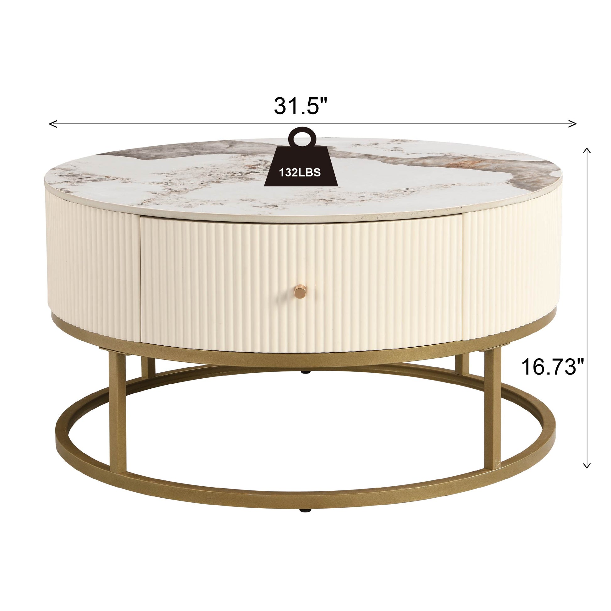 31.5 Inch Modern Round Coffee Table With Drawers, Marble Table With Storage, Coffee Table For Living Room White Coffee & End Tables Iron