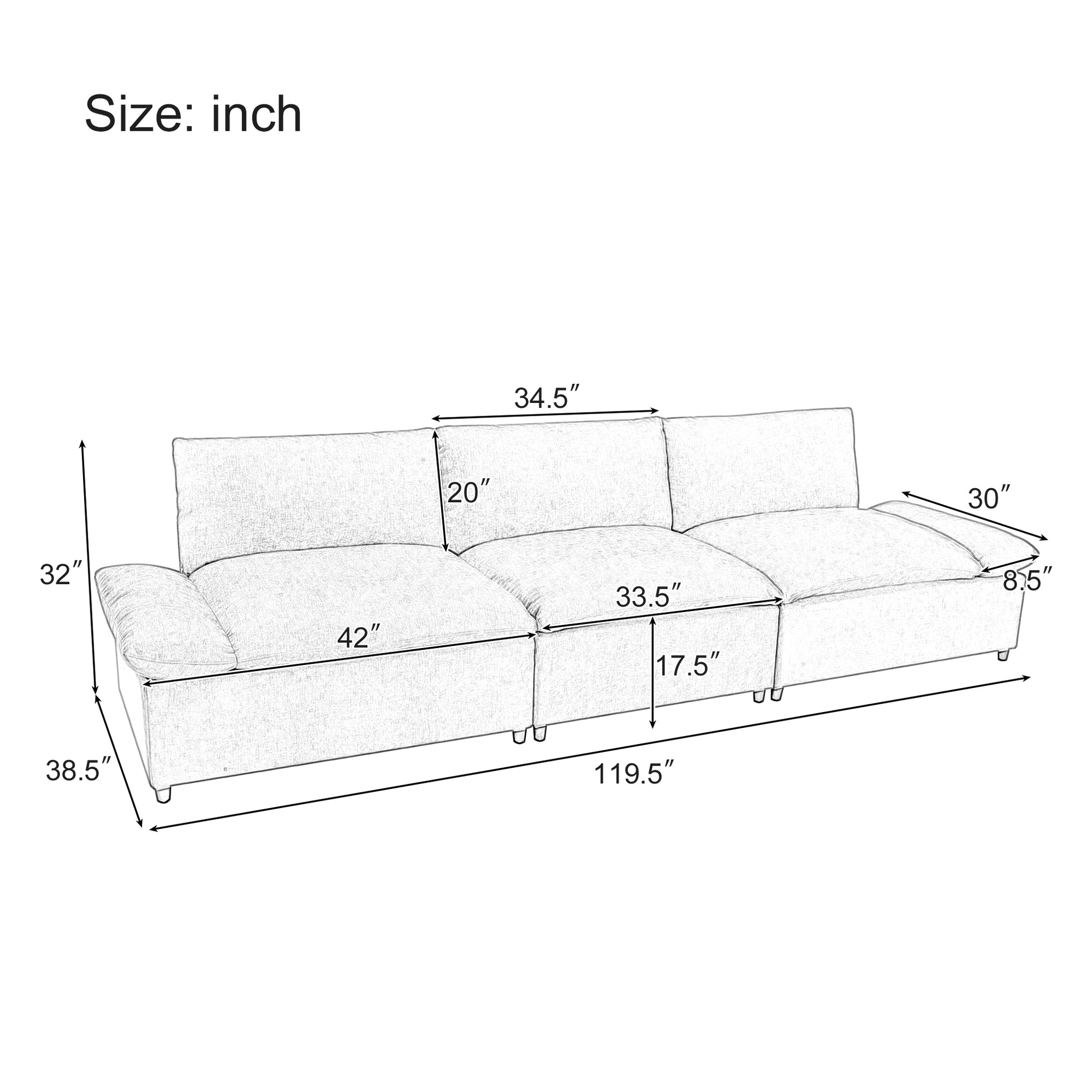 119.5'' 3 Seater Sofa With 2 Storage Unitsfor Living Room, Office, Apartment Gray Polyester 3 Seat