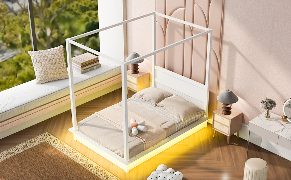 Full Size Wood Led Canopy Bed ,Canopy Platform Bed With Support Slats, No Box Spring Needed, White Full White Plywood