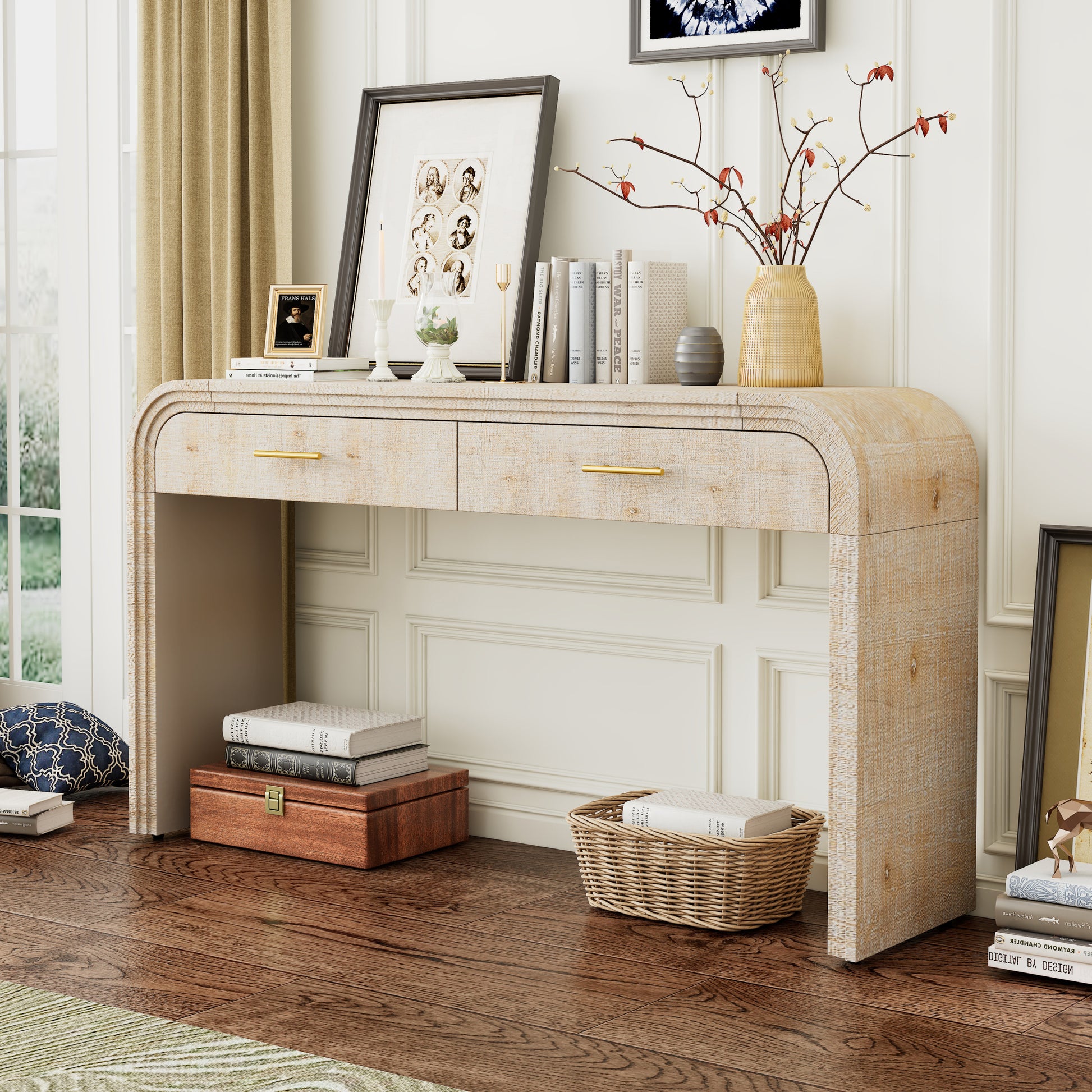 Unique Retro Console Table With Open Style, Two Top Drawers For Entrance, Dinning Room, Living Room Natural Wood Wash Natural Wood Wash Mdf