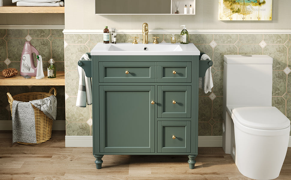 30'' Bathroom Vanity With Top Sink, Modern Bathroom Storage Cabinet With 2 Drawers And A Tip Out Drawer, Single Sink Bathroom Vanity Same As N710S130001F Green Bathroom Modern Solid Wood Mdf Resin