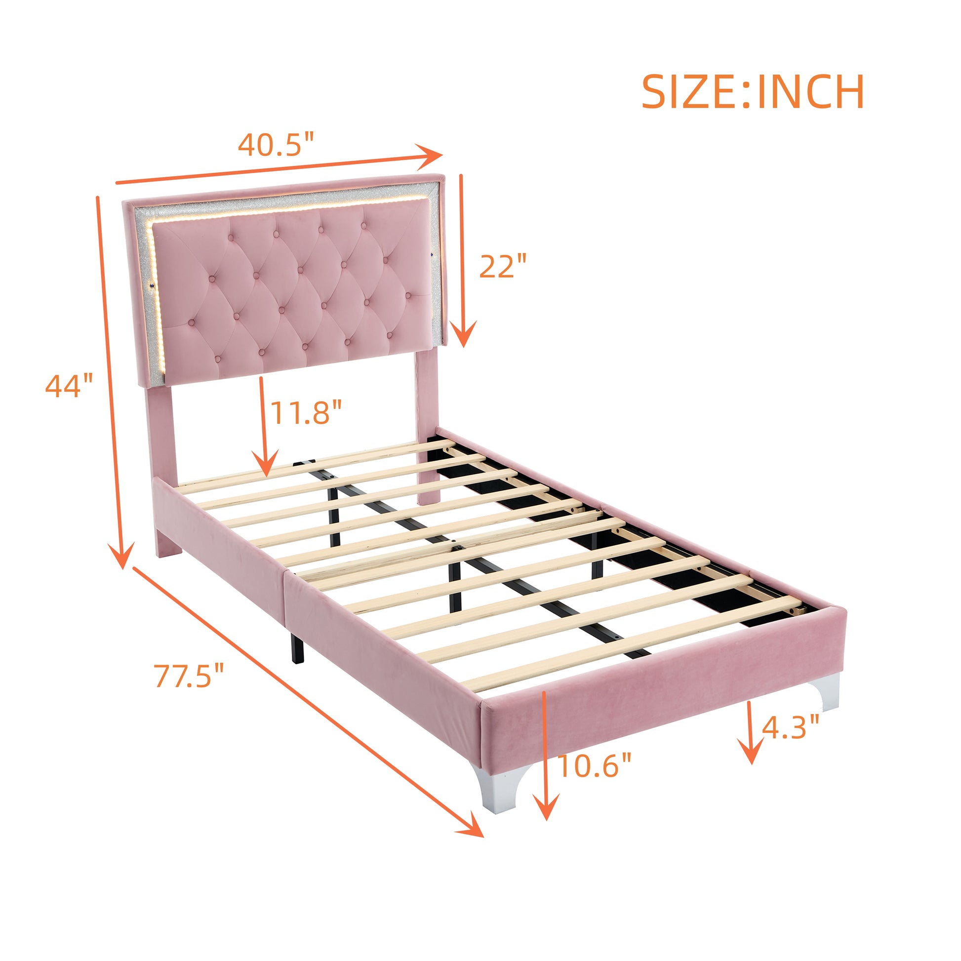 Twin Size Upholstered Bed Frame With Led Lights,Modern Velvet Platform Bed With Tufted Headboard,Pink Twin Pink Velvet