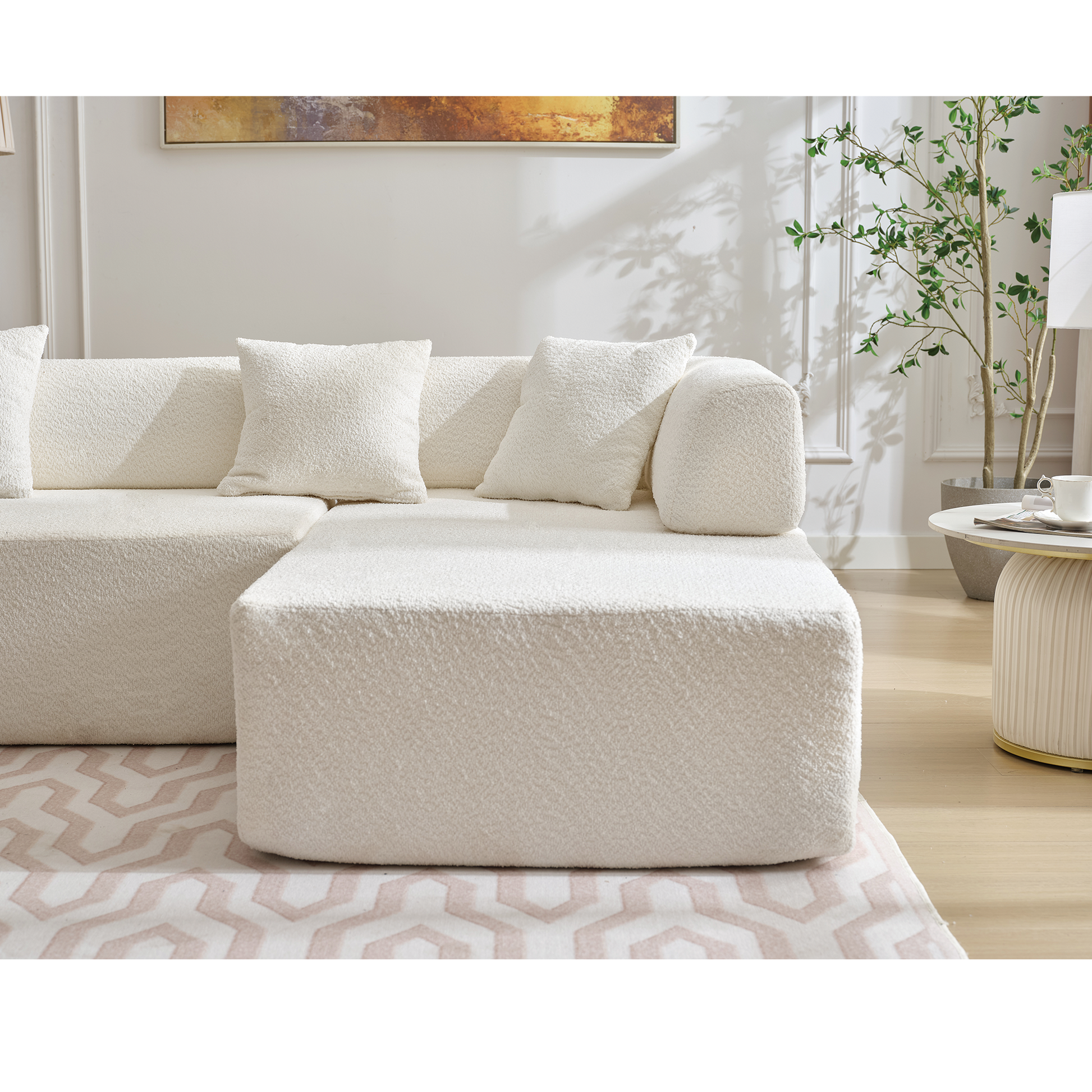 Arrived Modern Minimalist 140" L Shape Couch ,No Assembly Required,Boucle,Modular Sofa ,Couch With Chaise,Free Combination Foam Filled Sofa, 4 Seats,White White Polyester Primary Living Space Soft Modern Foam Polyester 4 Seat