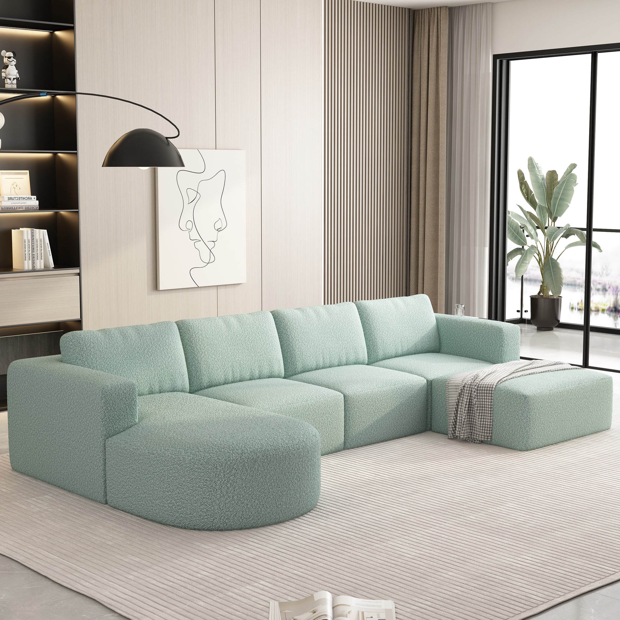 133.84*70.86 Modular Sectional Sofa Sleeper Couch, Sectional Sofa With Chaise And Ottoman, Convertible U Shaped Modular Sofa Set. Compressed Spon, Light Green Combo 2A B C D Light Green Primary Living Space Soft Minimalist,Modern Foam Spring 6 Seat