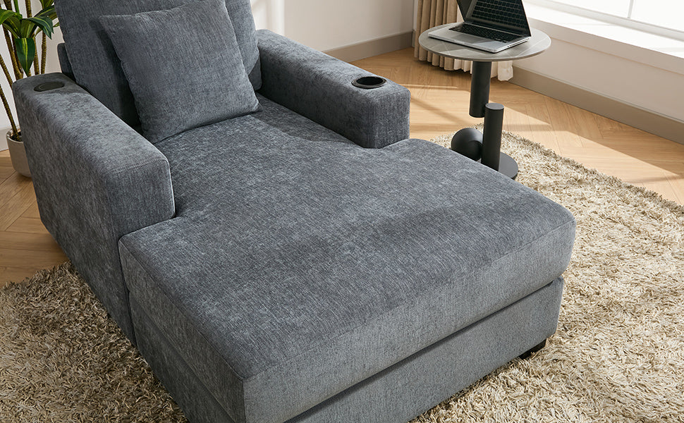 39.7" Oversized Chaise Lounger Modern Style Sofa Couch ,With Pillows, Charge Station & Cup Holders, Chenille Fabric, Blue Gray Blue Gray Chenille