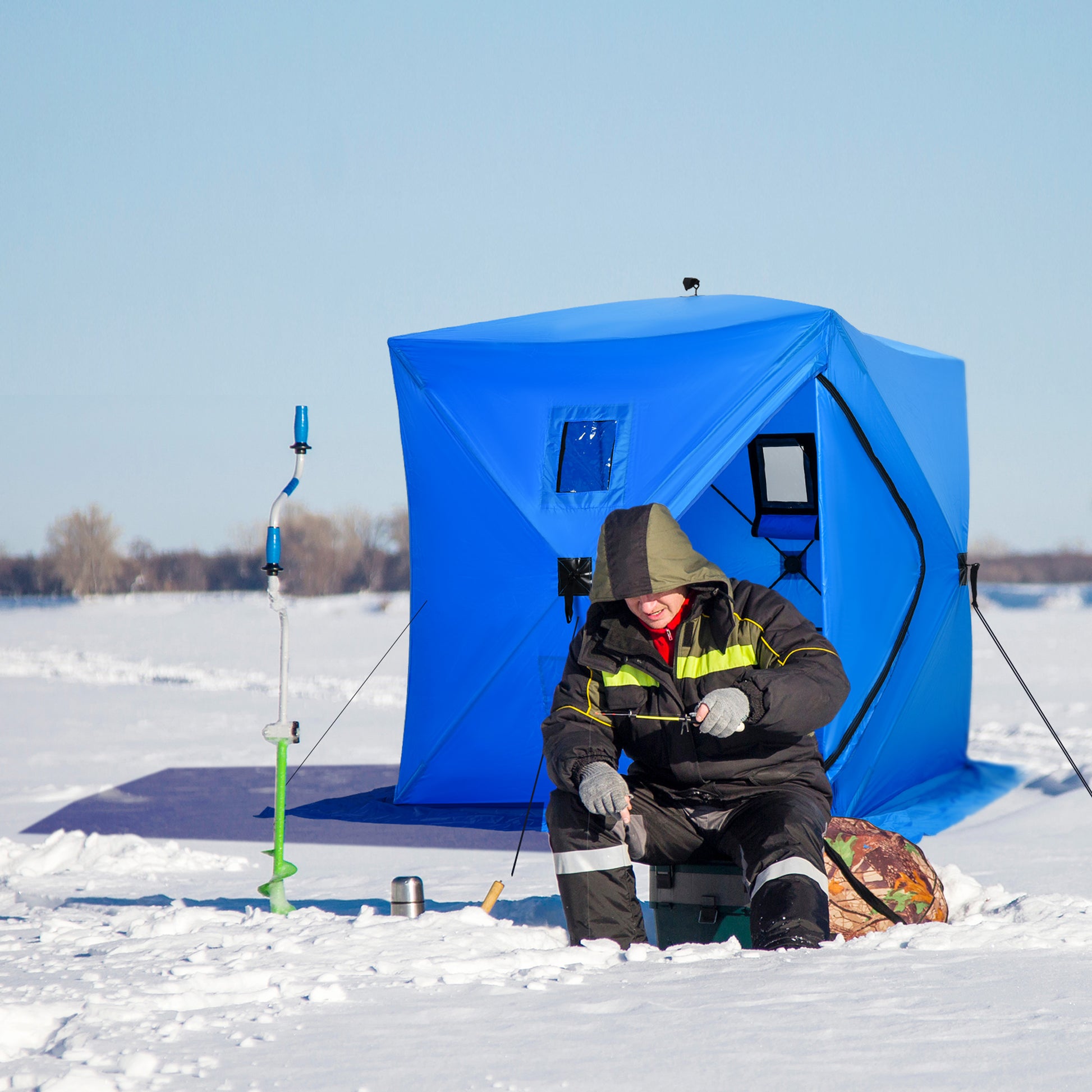 Outsunny 2 Person Ice Fishing Shelter, Pop Up Portable Ice Fishing Tent With Carry Bag, Windows And Anchors For Low Temp 22 , Blue Blue Polyester
