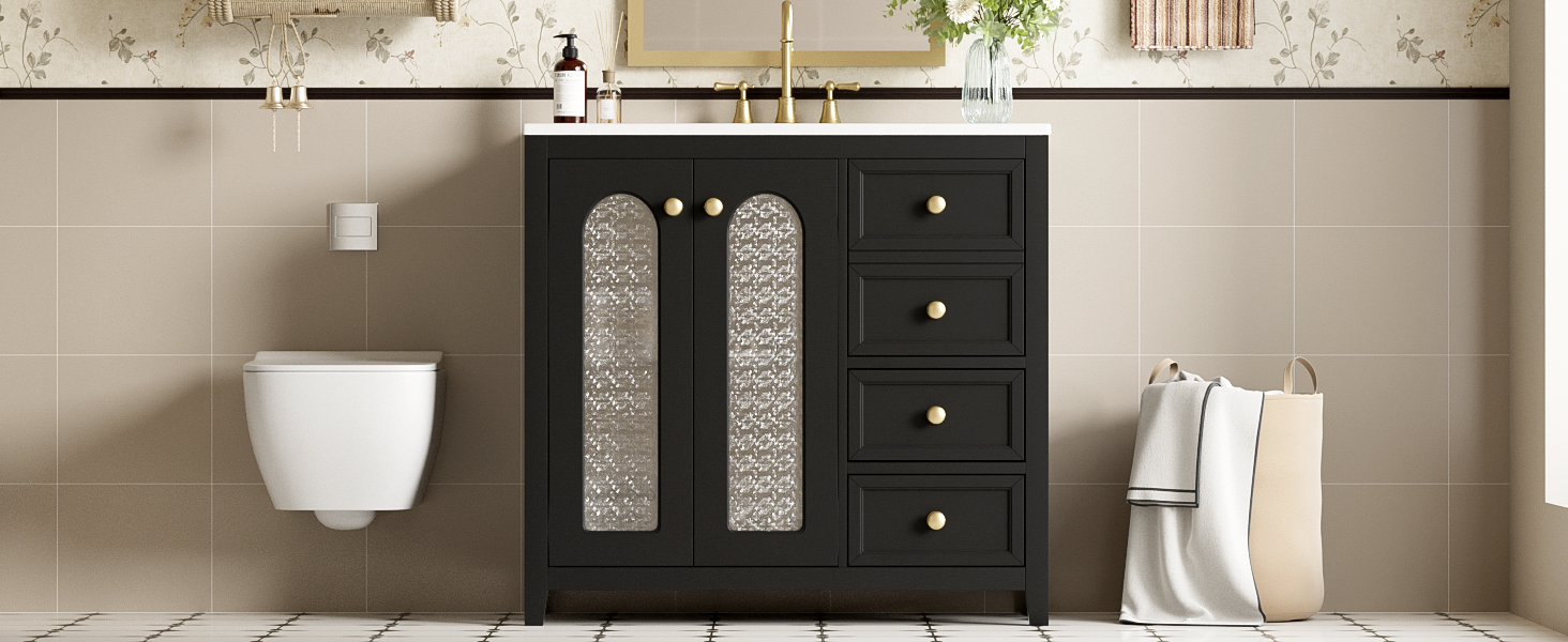 36 Inch Bathroom Vanity With Two Soft Close Doors, Adjustable Shelves And Three Soft Close Drawers Black Bathroom Solid Wood Mdf