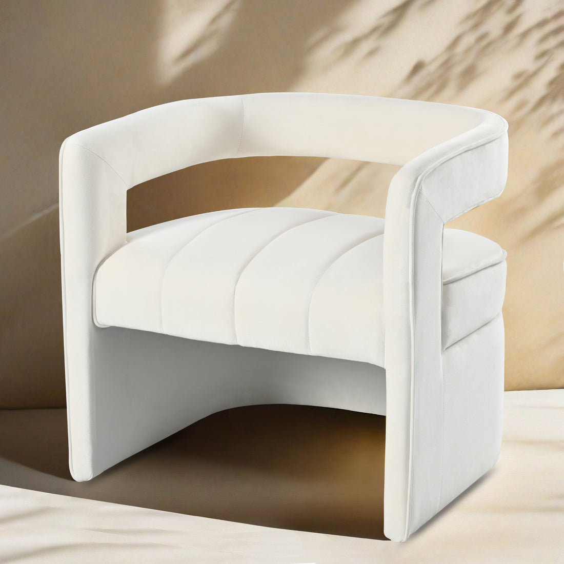 Modern Velvet Accent Chair With Ribbed Detail, Luxury Curved Fully Upholstered Accent Chair, Ivory White No Assembly Needed Ivory White Velvet