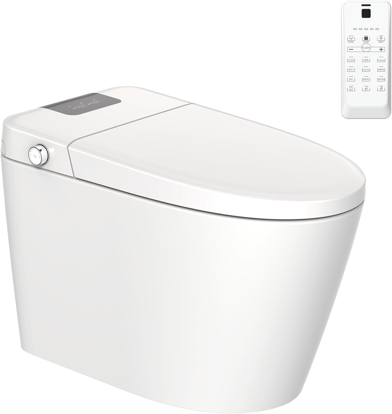 Smart Toilet Bidet Combo With Foot Sensor Open Cover Seat, Led Display, Self Cleaning Nozzle, Heated Seat, Night Light, Knob Control, Power Outage Flushing, Soft Close, Auto Flush, With Remote Control White Ceramic