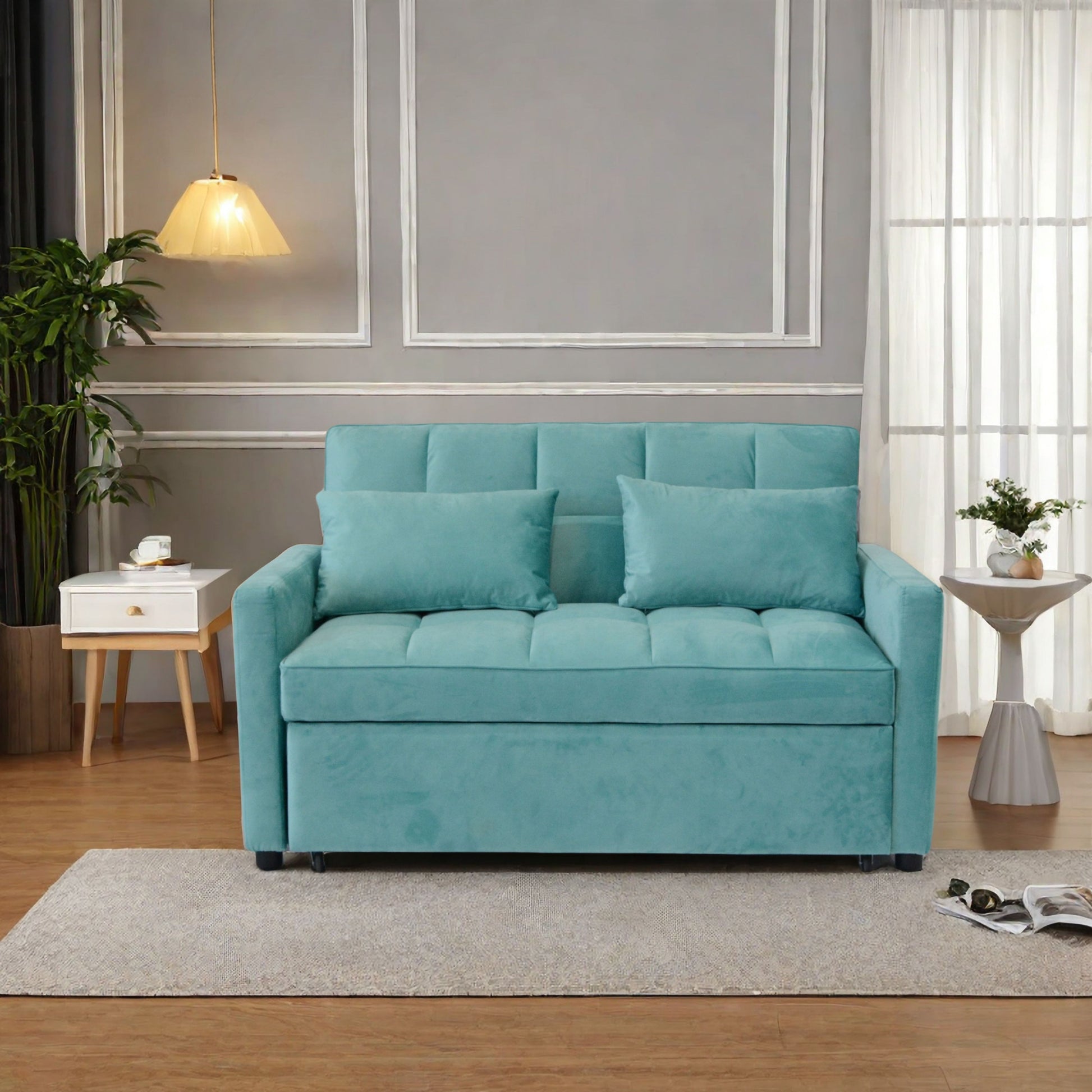 55.2" Velvet Two Seater Pull Out Sofa Bed, Adjustable Backrest With Three Usb Ports, Two Side Pockets, 3 In 1 Convertible Sleeper Sofa Bed, Modern Beautiful Seat Lounge Sofa For Living Room, Peacock Blue Brown Wood Primary Living Space Heavy Duty Pine 2