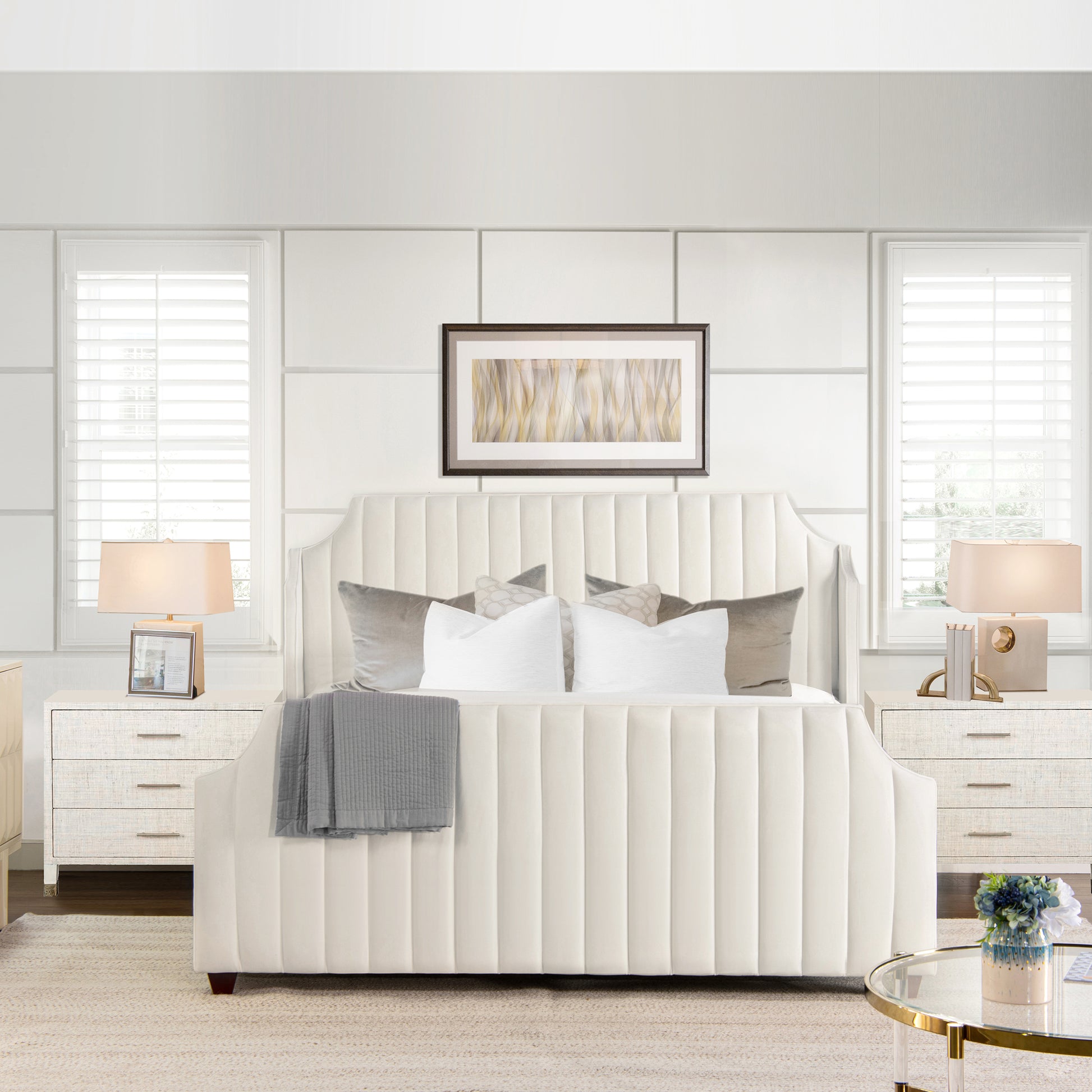 Addison King Channel Tufted Panel Bed Frame, Cloud White Performance Velvet Box Spring Required King White Wood Foam Velvet Velvet