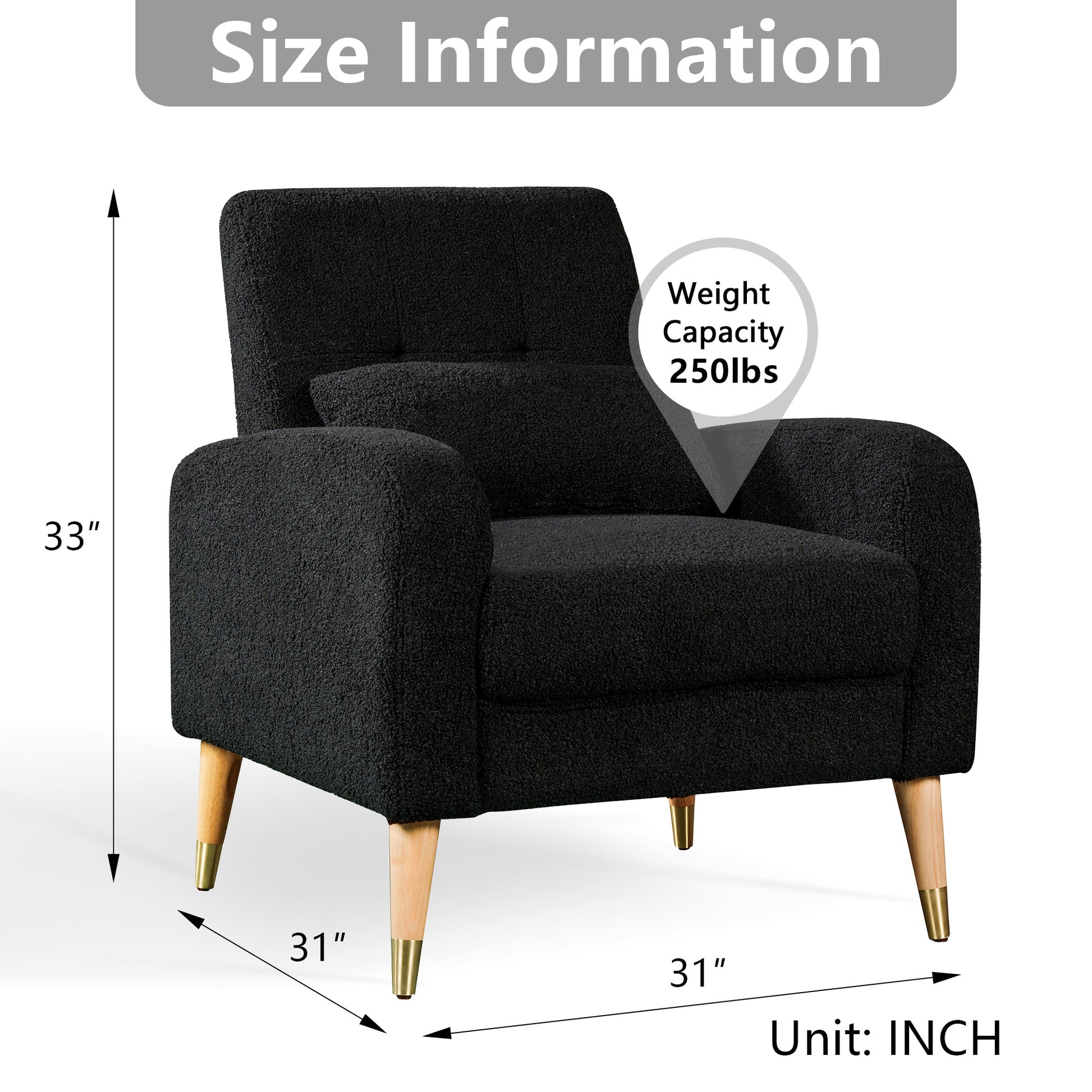 Mid Century Modern Accent Chair, Upholstered Armchair Living Room Chair, Comfy Single Sofa Chair With Metal Legs, Polyester Fabric Chair For Living Room Bedroom Black Sherpa