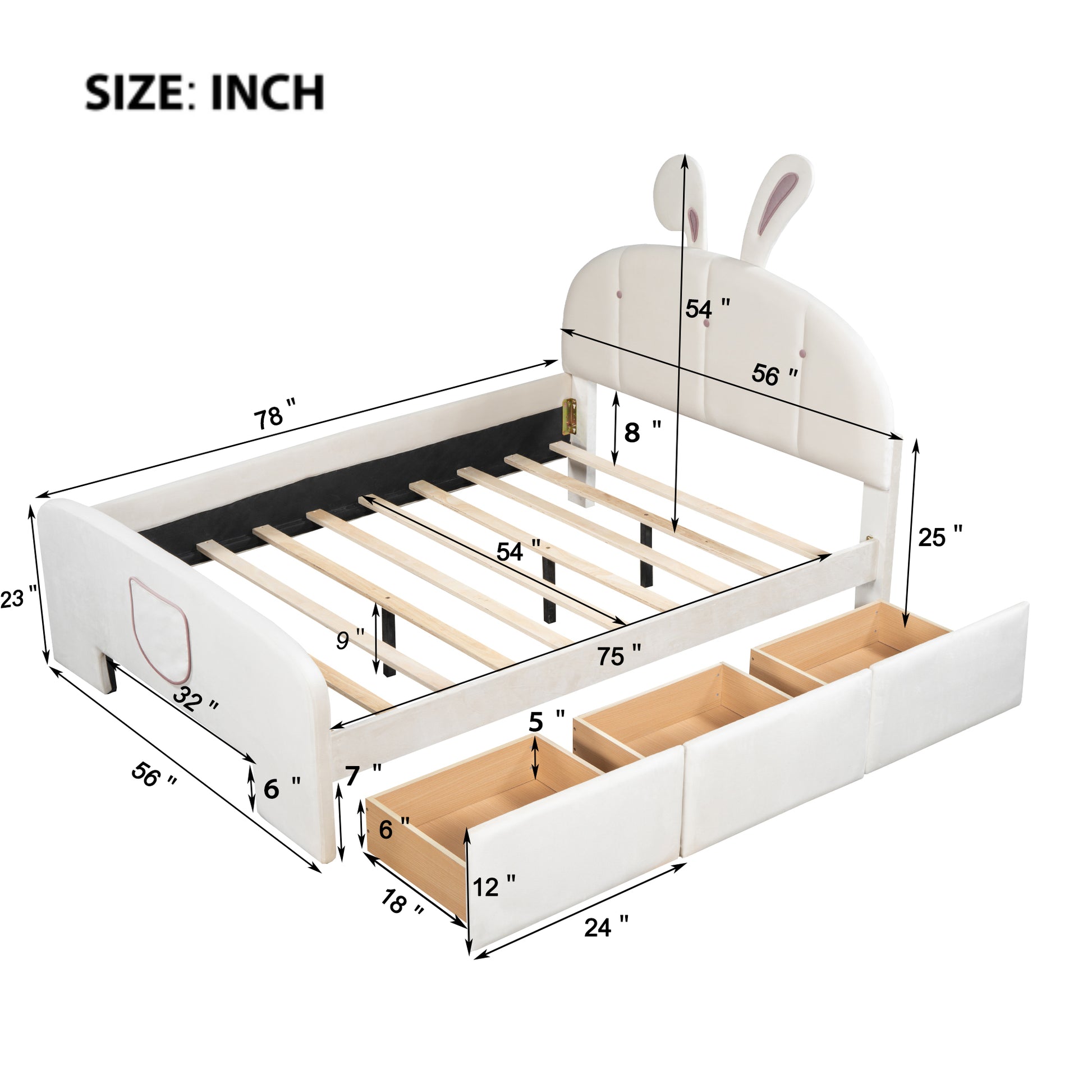 Full Size Velvet Platform Bed With Rabbit Shaped Headboard, With Drawers, With Bed End Storage Pocket, Beige Full Beige Plywood