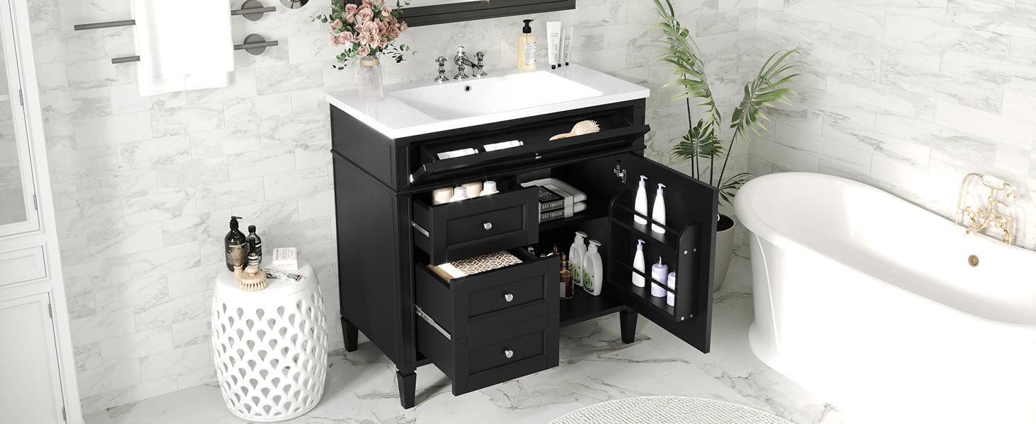 36'' Bathroom Vanity With Top Sink, Modern Bathroom Storage Cabinet With 2 Drawers And A Tip Out Drawer, Single Sink Bathroom Vanity Black Bathroom Solid Wood Mdf