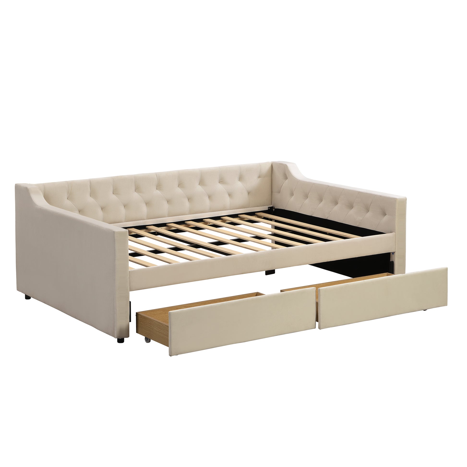 Full Size Upholstered Tufted Daybed With 2 Drawers, Beige Box Spring Not Required Full Beige Wood Daybeds Velvet Upholstered
