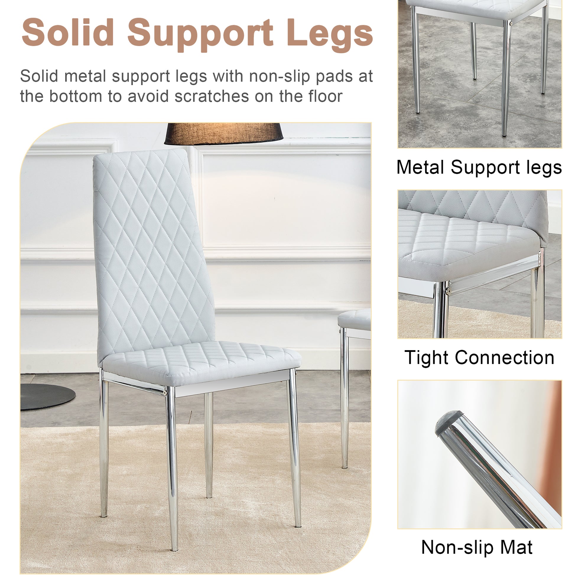 Table And Chair Set.Large Modern Rectangular Table With Brown Glass Top And Silver Metal Legs. Paired With 6 Light Gray Chairs With Checkered Armless High Back Pu Cushion And Silver Metal Legs. Light Gray,Silver Seats 6 Glass Metal