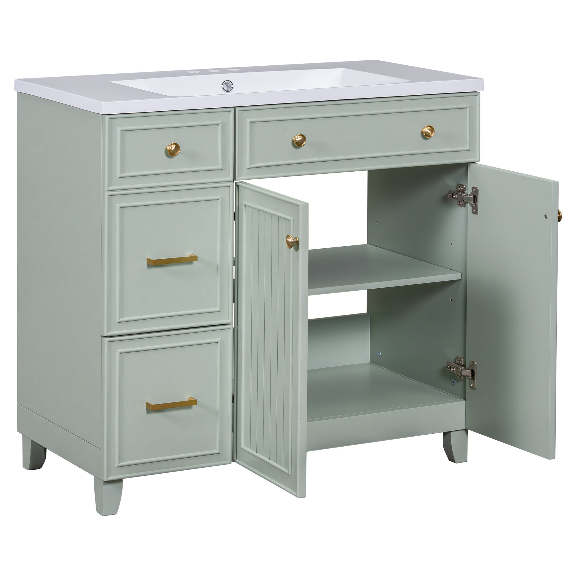 36 Inch Bathroom Vanity, Transitional Style Bathroom Cabinet With Resin Sink, Green Single Bathroom Cabinet, With 2 Drawers And 1 Adjustable Storage Shelf, 2 Soft Close Doors Green Bathroom Solid Wood Mdf Resin